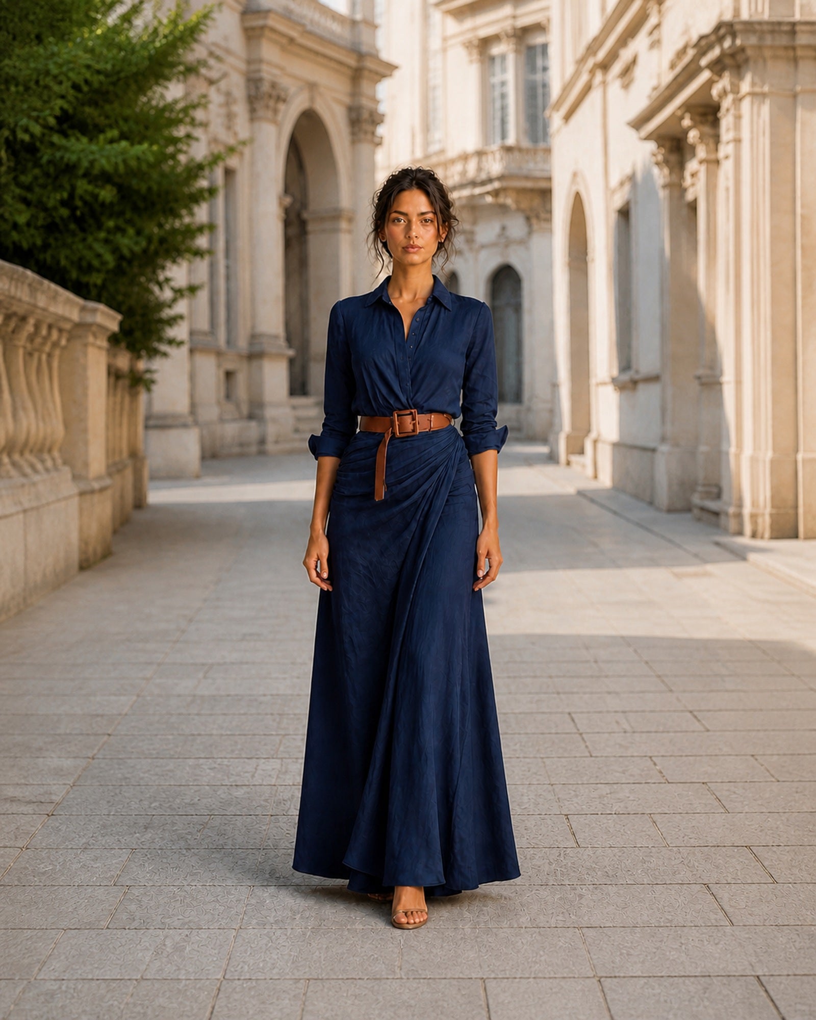 Simona-Maria în rochie Albastru, vedere frontală în exterior