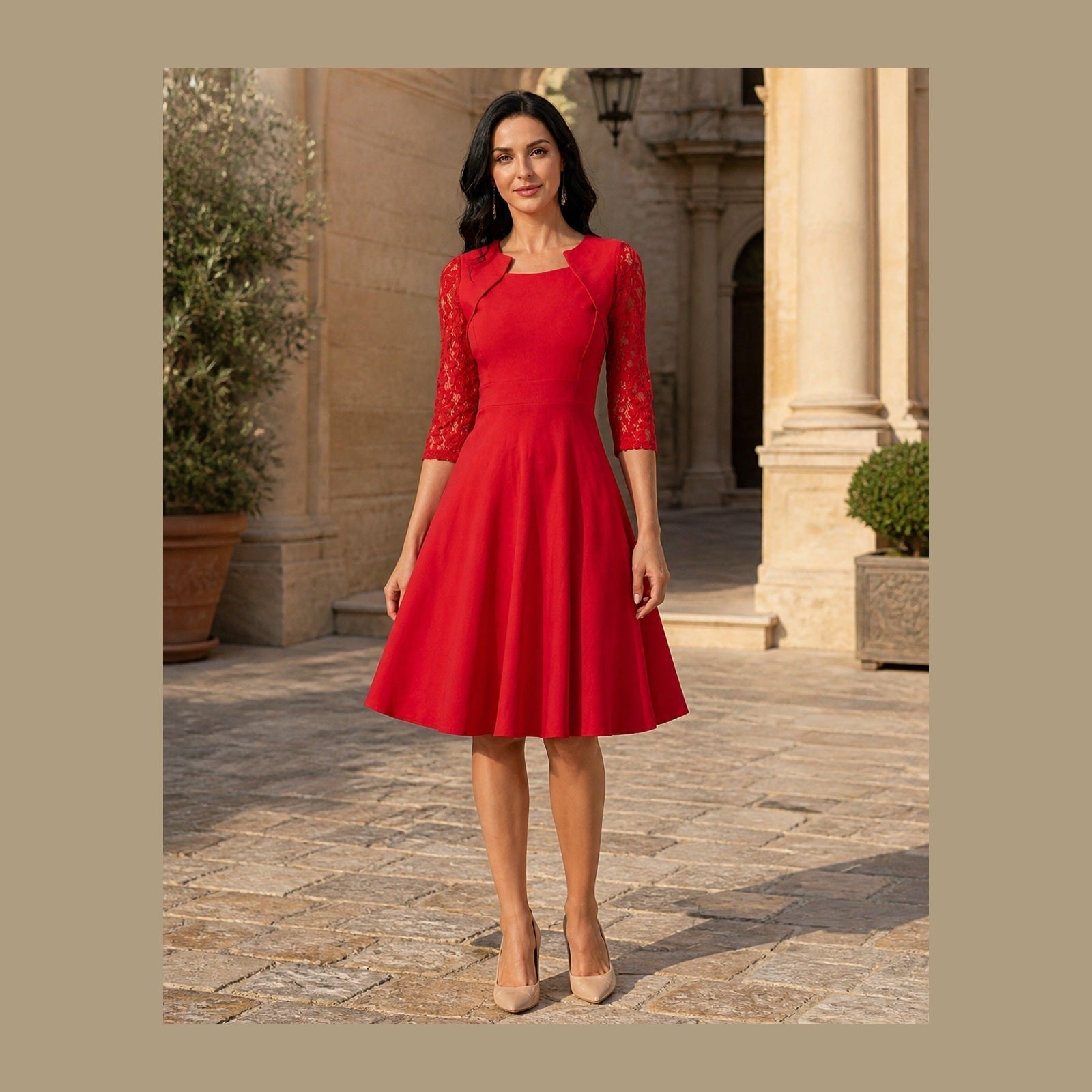 Rochie Elena roșu cireș cu dantelă, vedere frontală în exterior