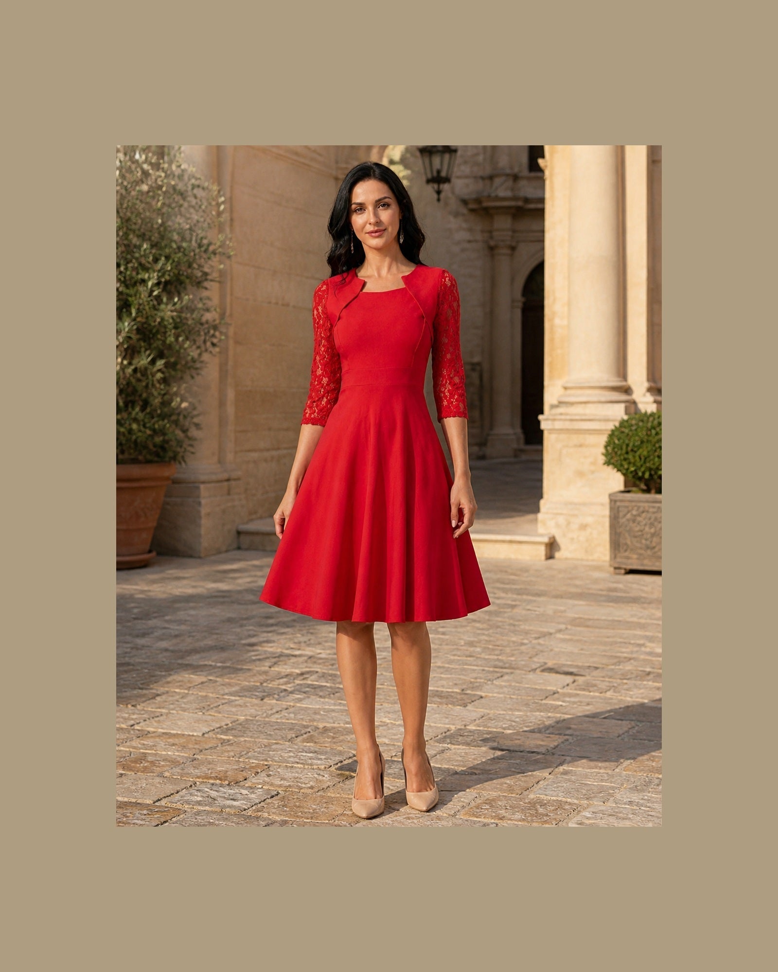 Rochie Elena roșu cireș cu dantelă, vedere frontală în exterior