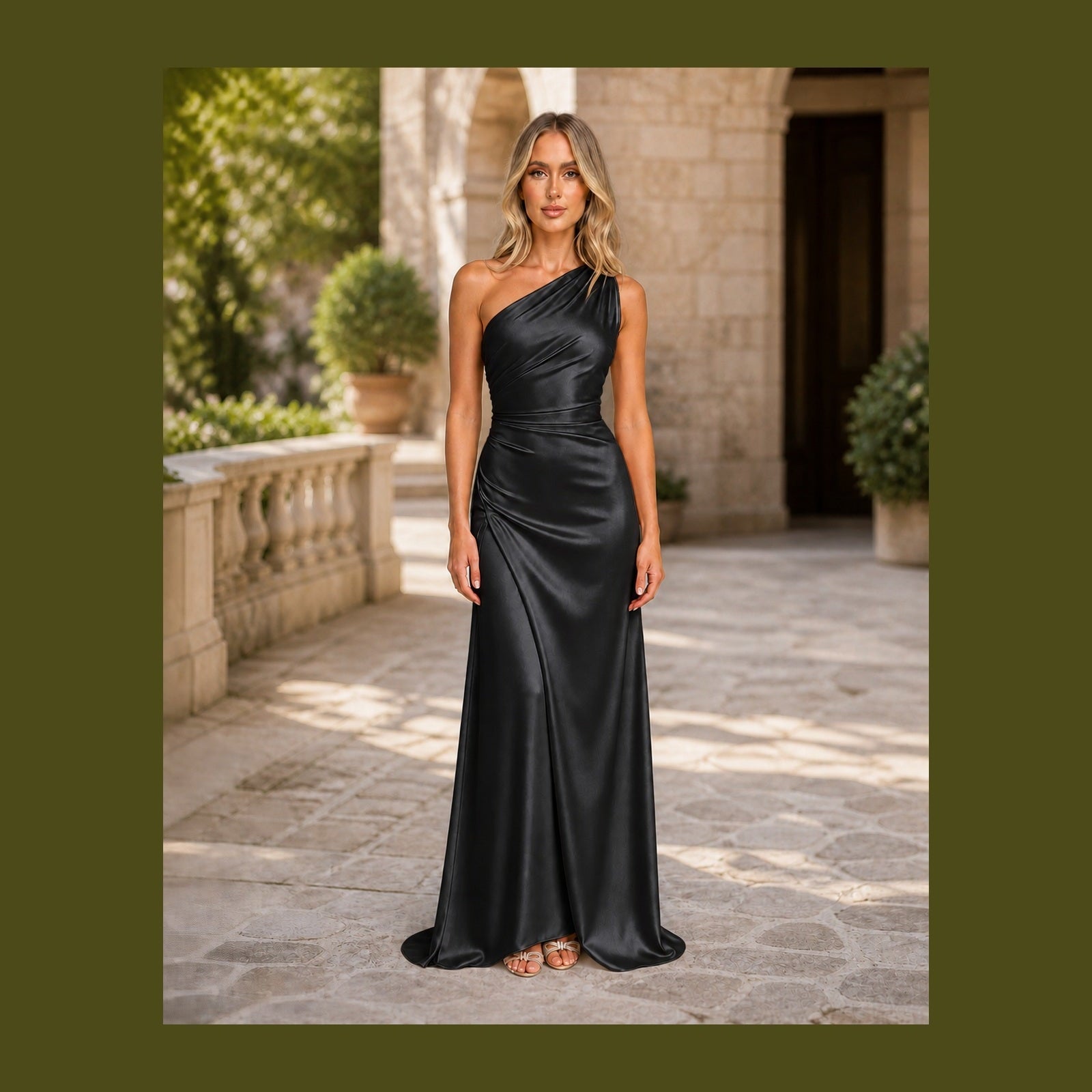 Iulia în rochie Negru, vedere frontală în exterior