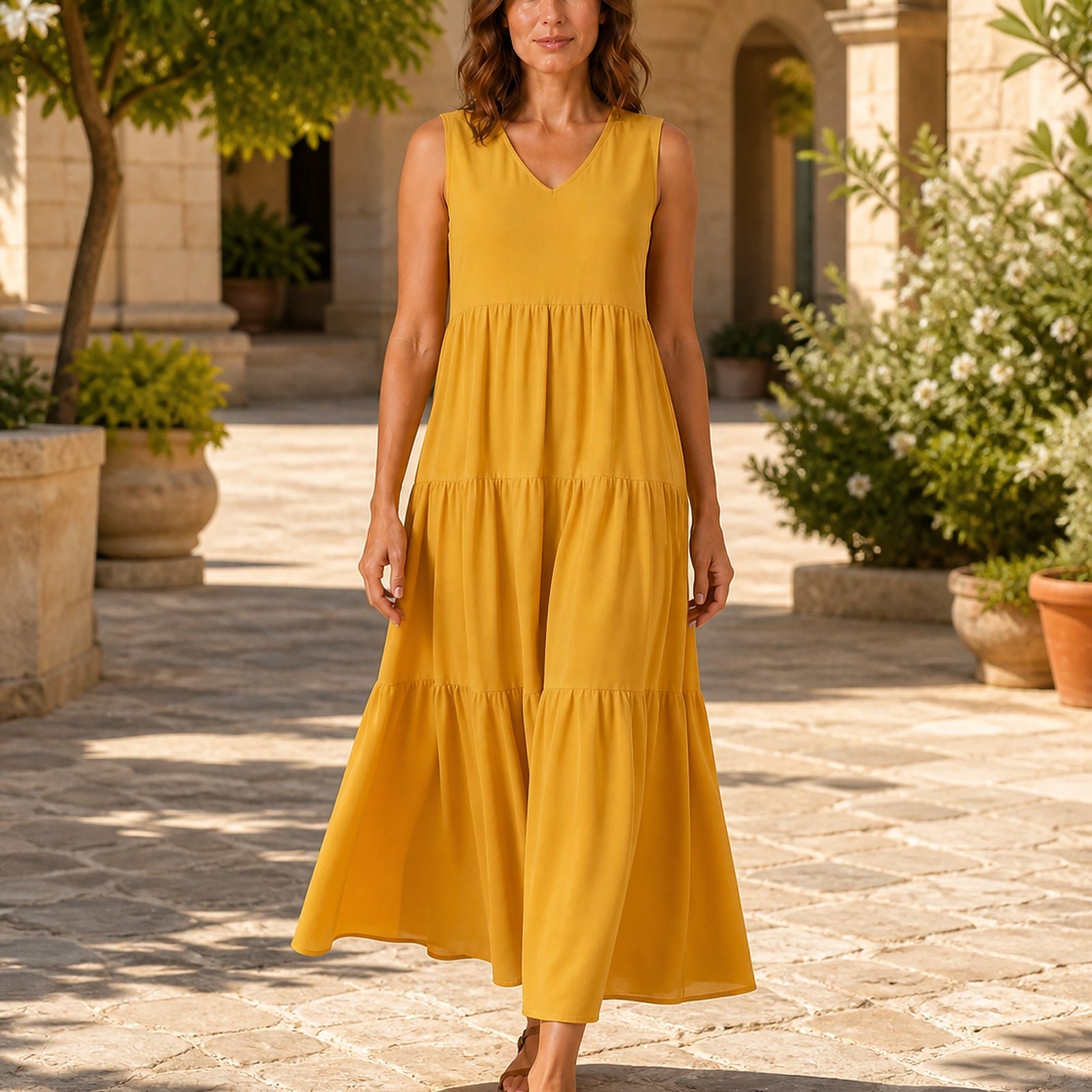 Silvia în rochie Galben, vedere frontală în exterior