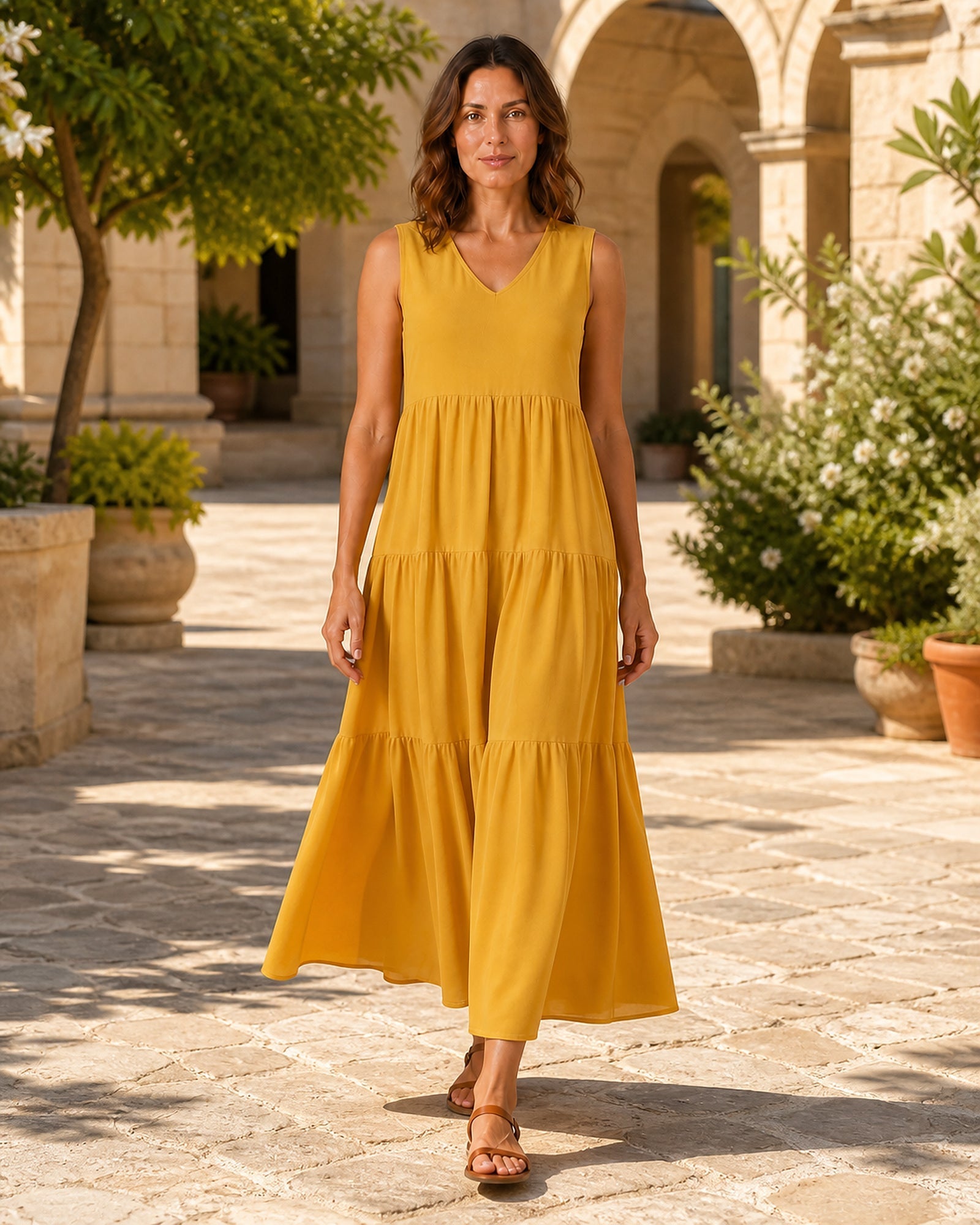 Silvia în rochie Galben, vedere frontală în exterior