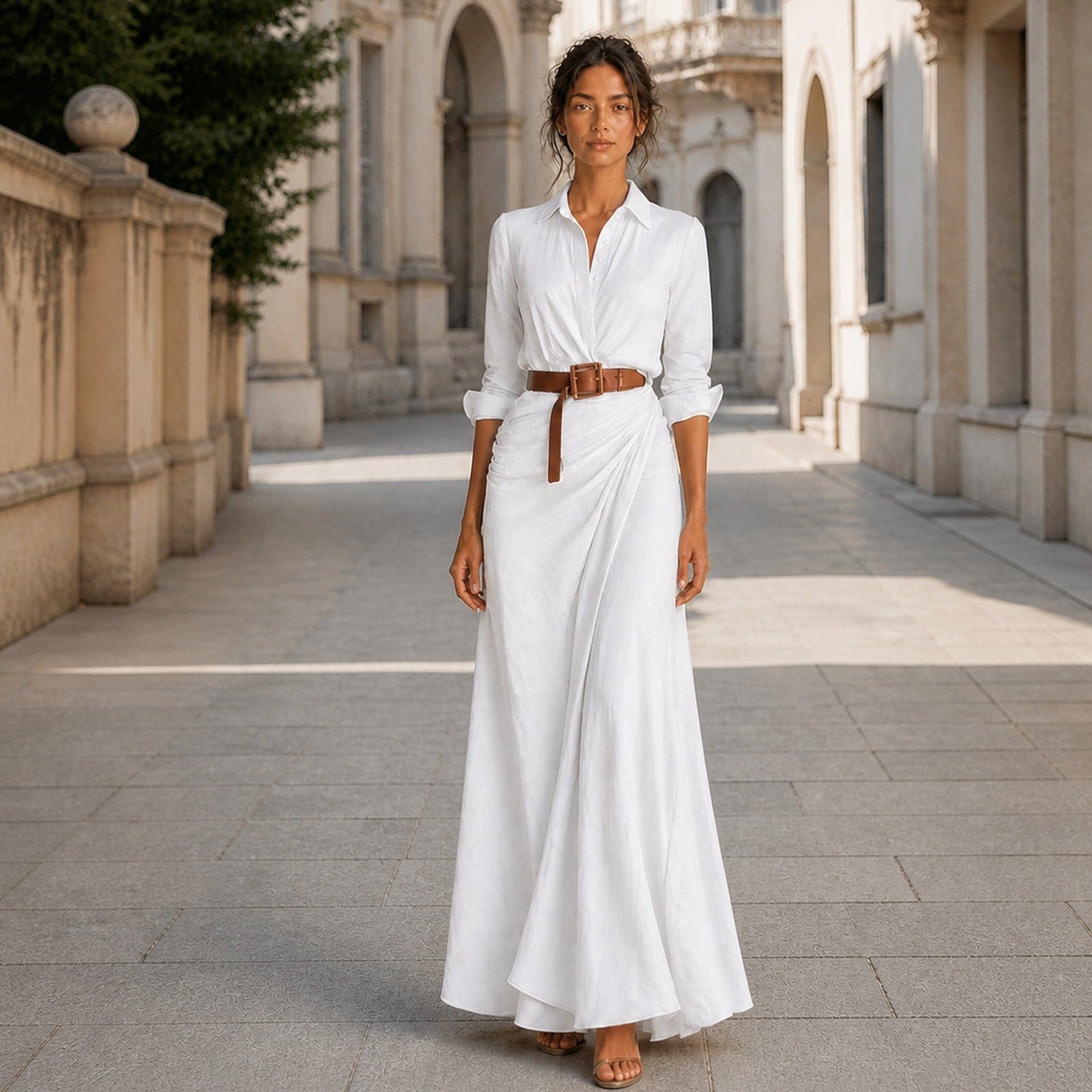 Simona-Maria în rochie Alb, vedere frontală în exterior
