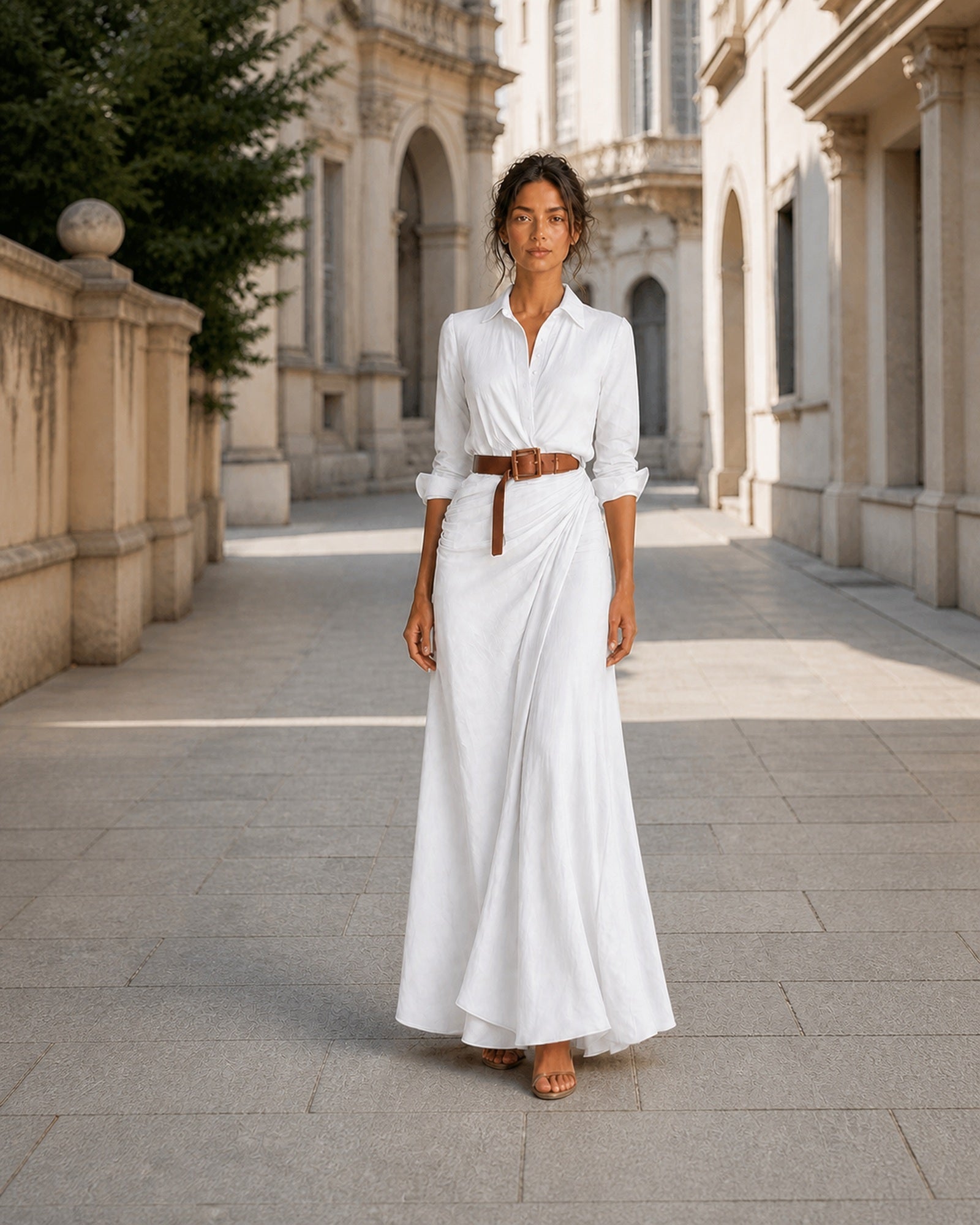 Simona-Maria în rochie Alb, vedere frontală în exterior