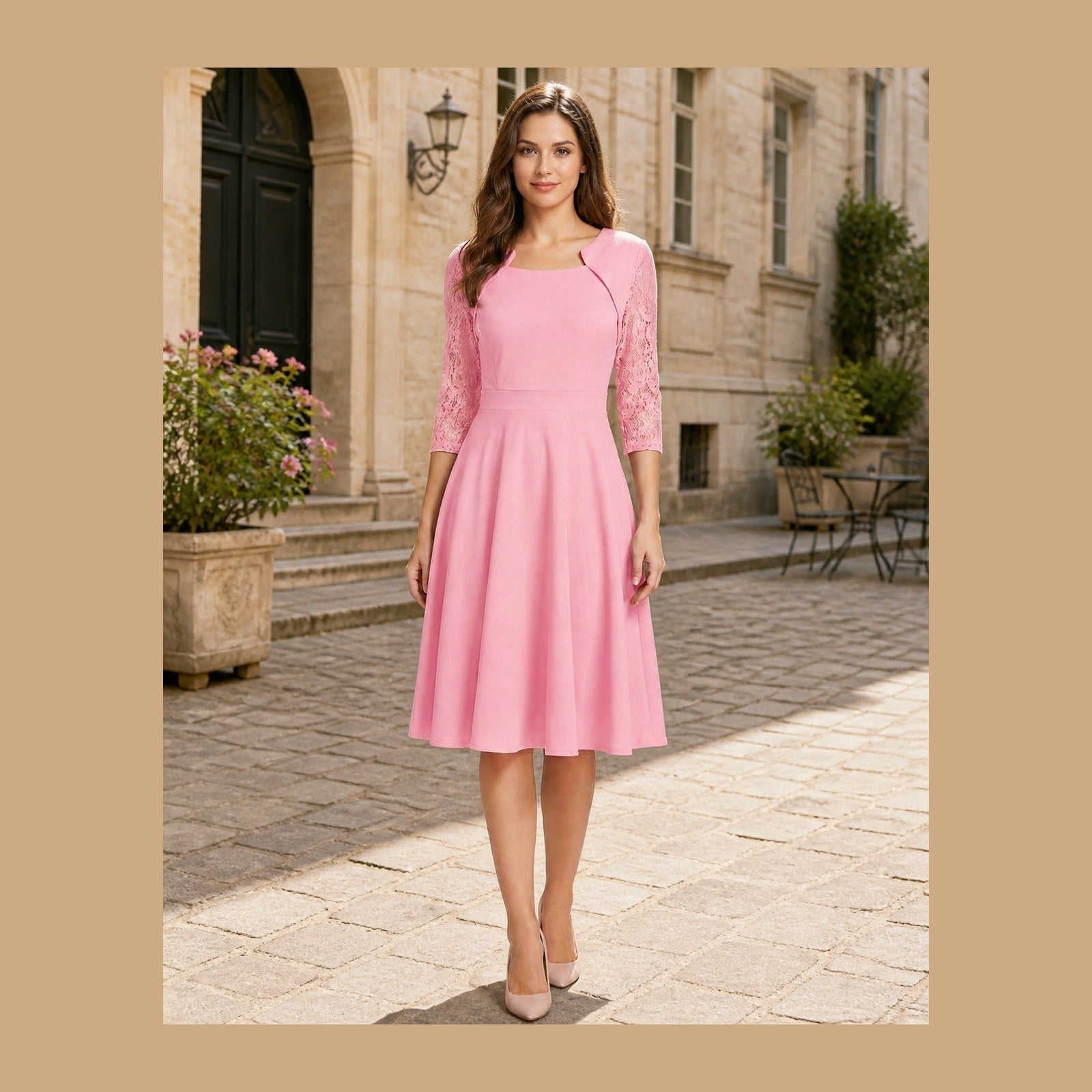 Rochie Elena roz cu dantelă, vedere frontală în exterior