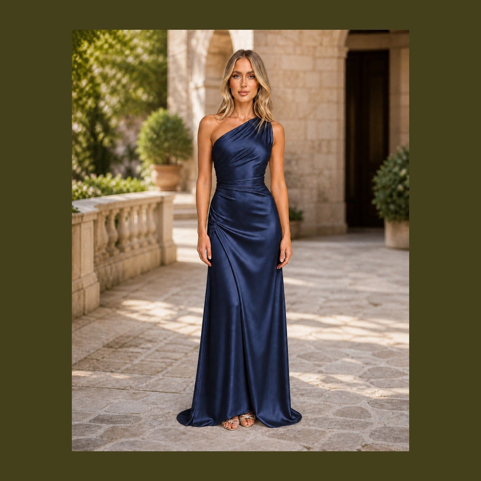 Iulia în rochie Albastru, vedere frontală în exterior