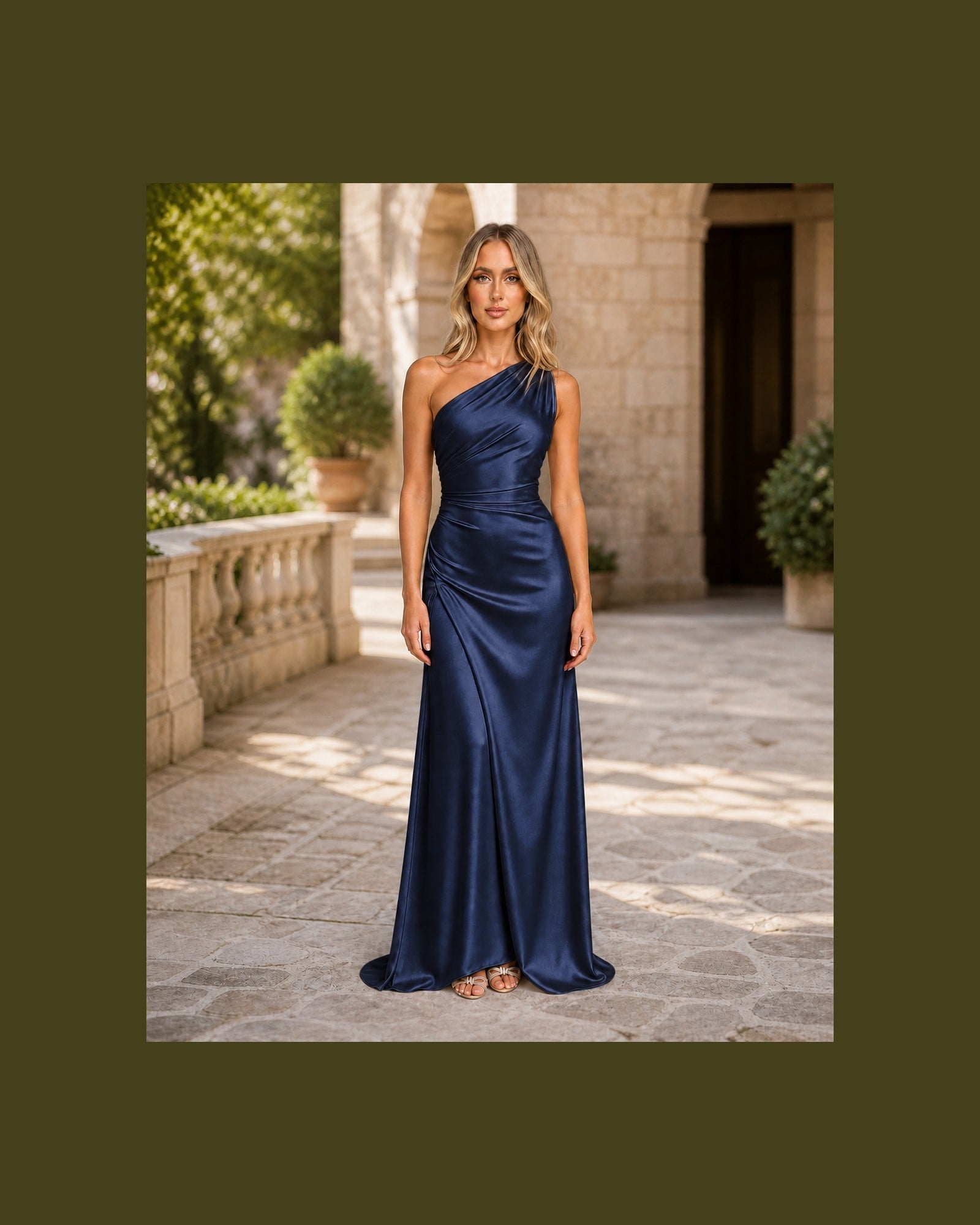 Iulia în rochie Albastru, vedere frontală în exterior