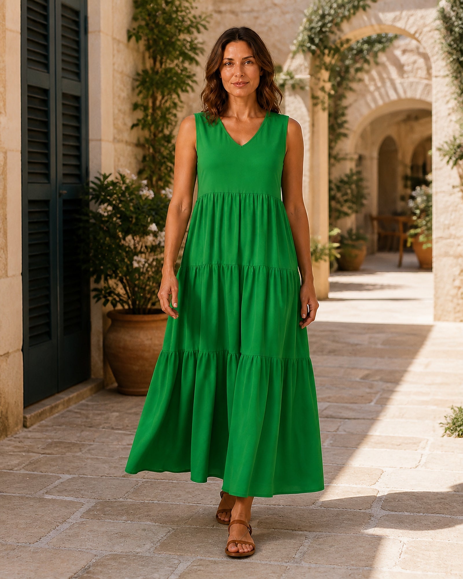Silvia în rochie Verde, vedere frontală în exterior