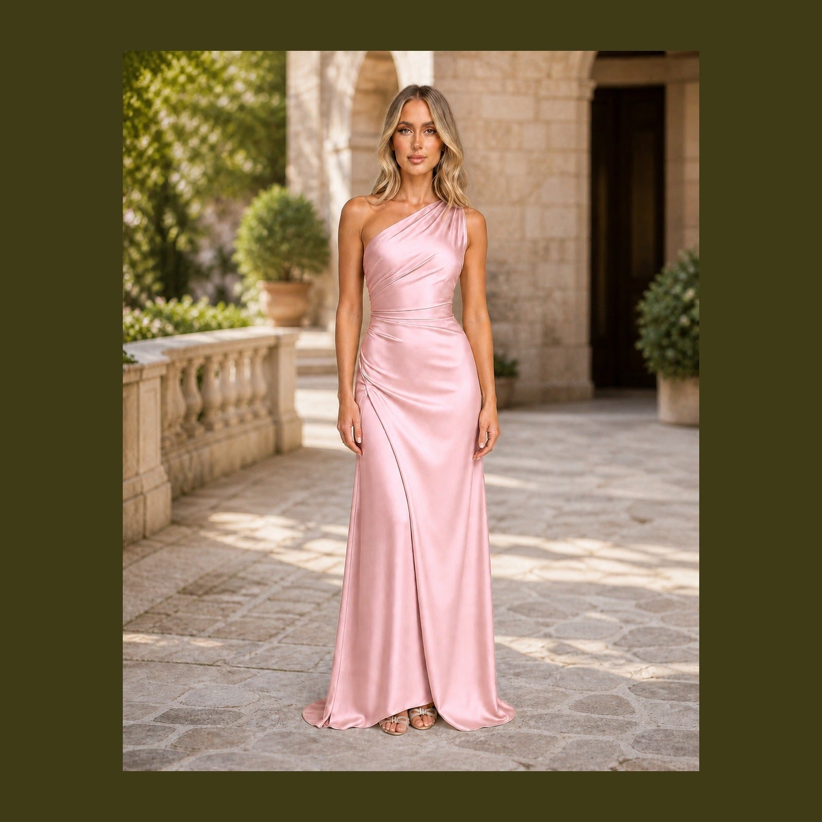 Iulia în rochie Roz, vedere frontală în exterior