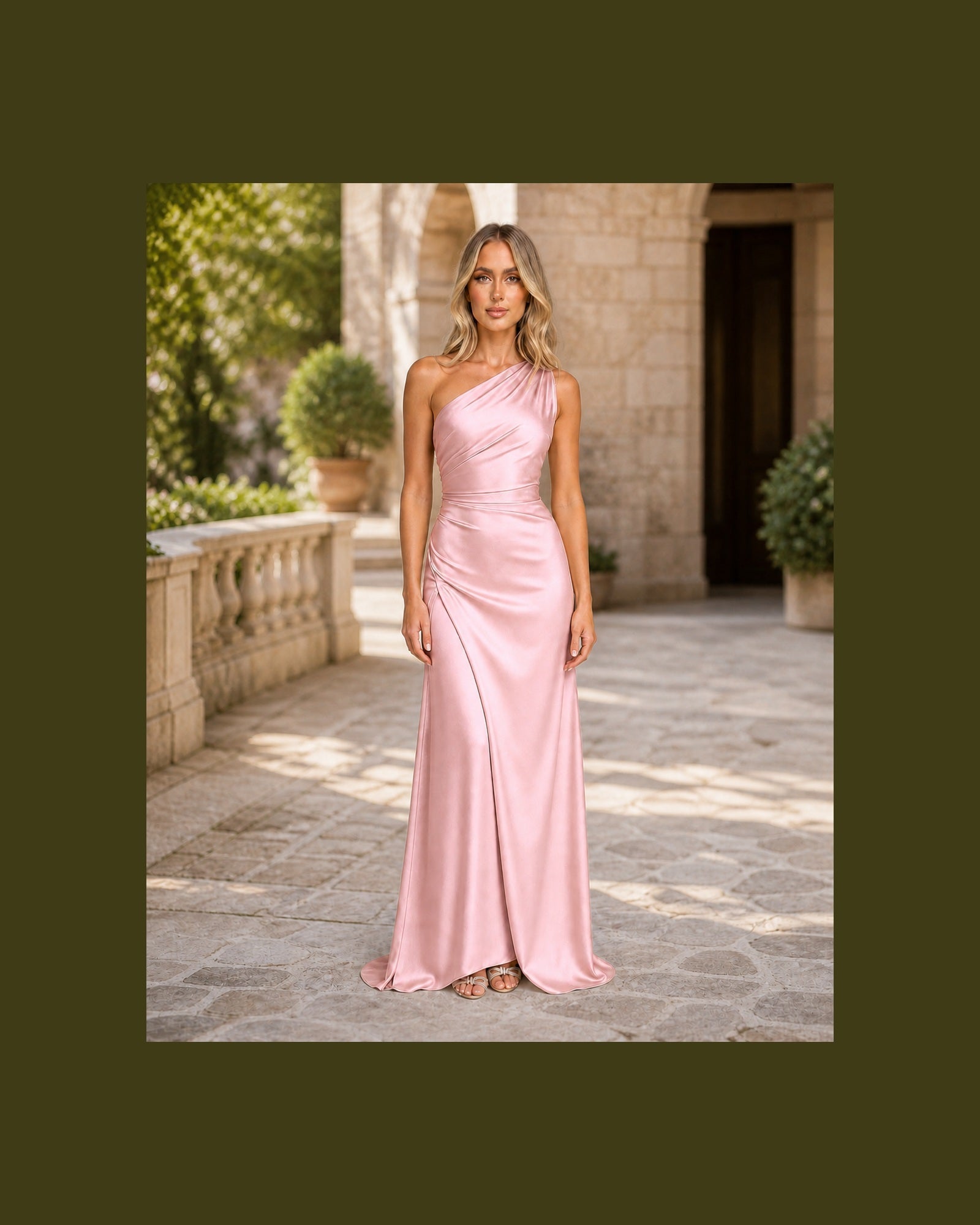 Iulia în rochie Roz, vedere frontală în exterior