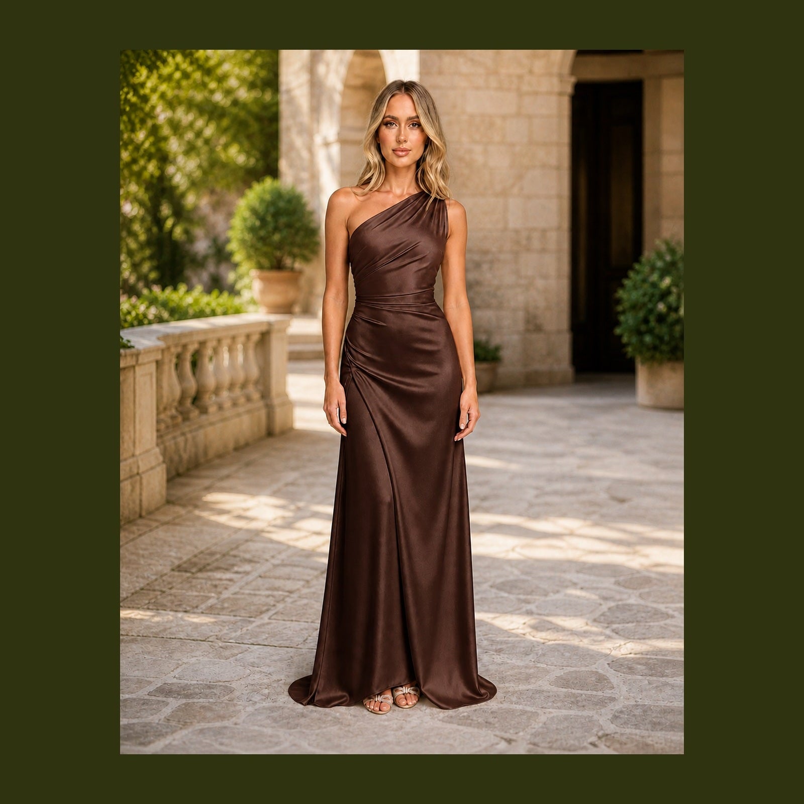 Iulia în rochie Maro, vedere frontală în exterior