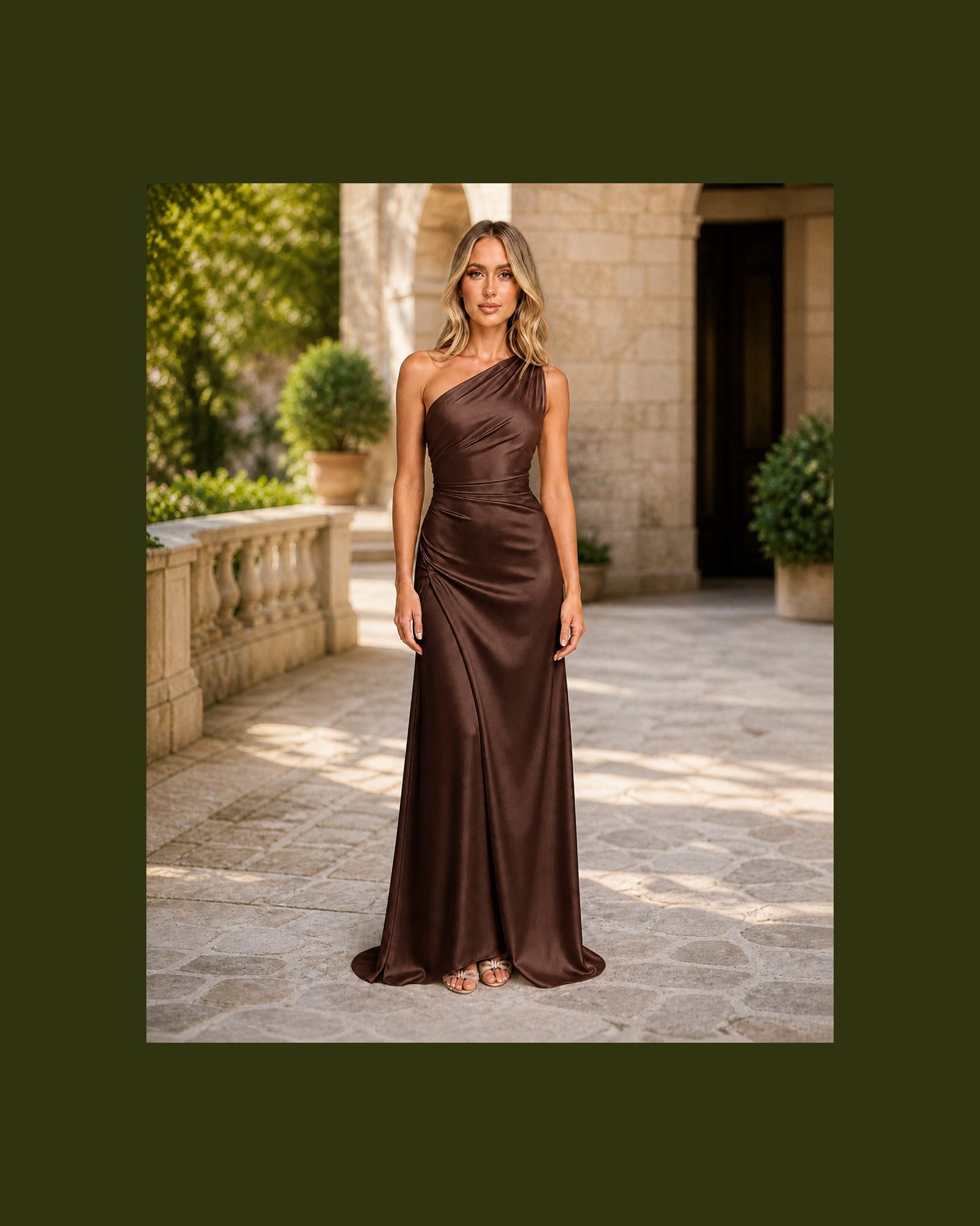 Iulia în rochie Maro, vedere frontală în exterior