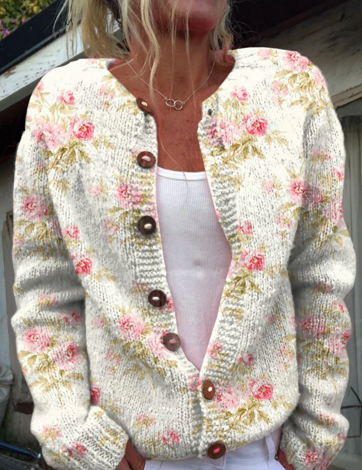 Cardigan mit rosa Blüten und Blättern – Bild 1