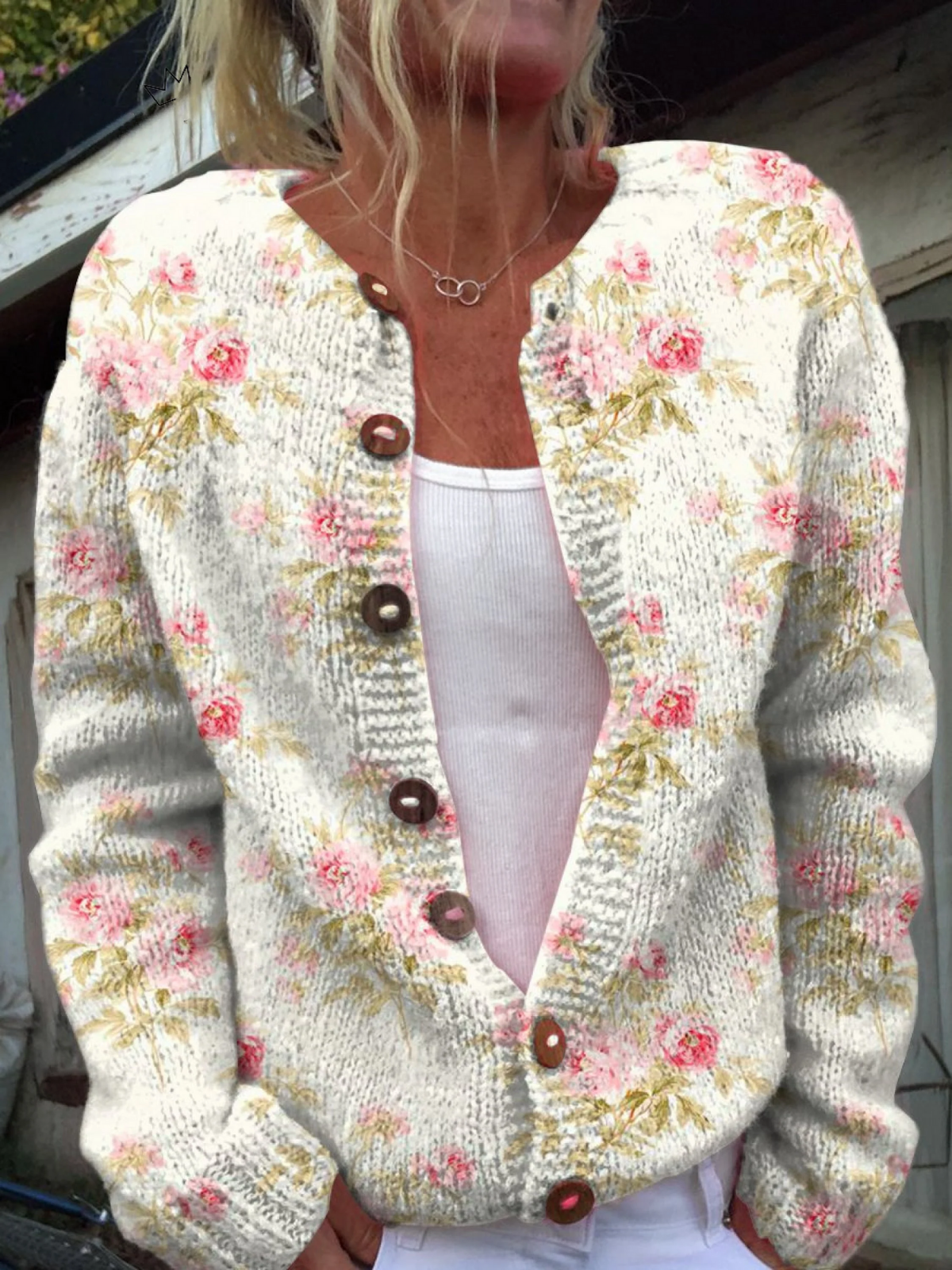 Cardigan mit rosa Blüten und Blättern – Bild 1