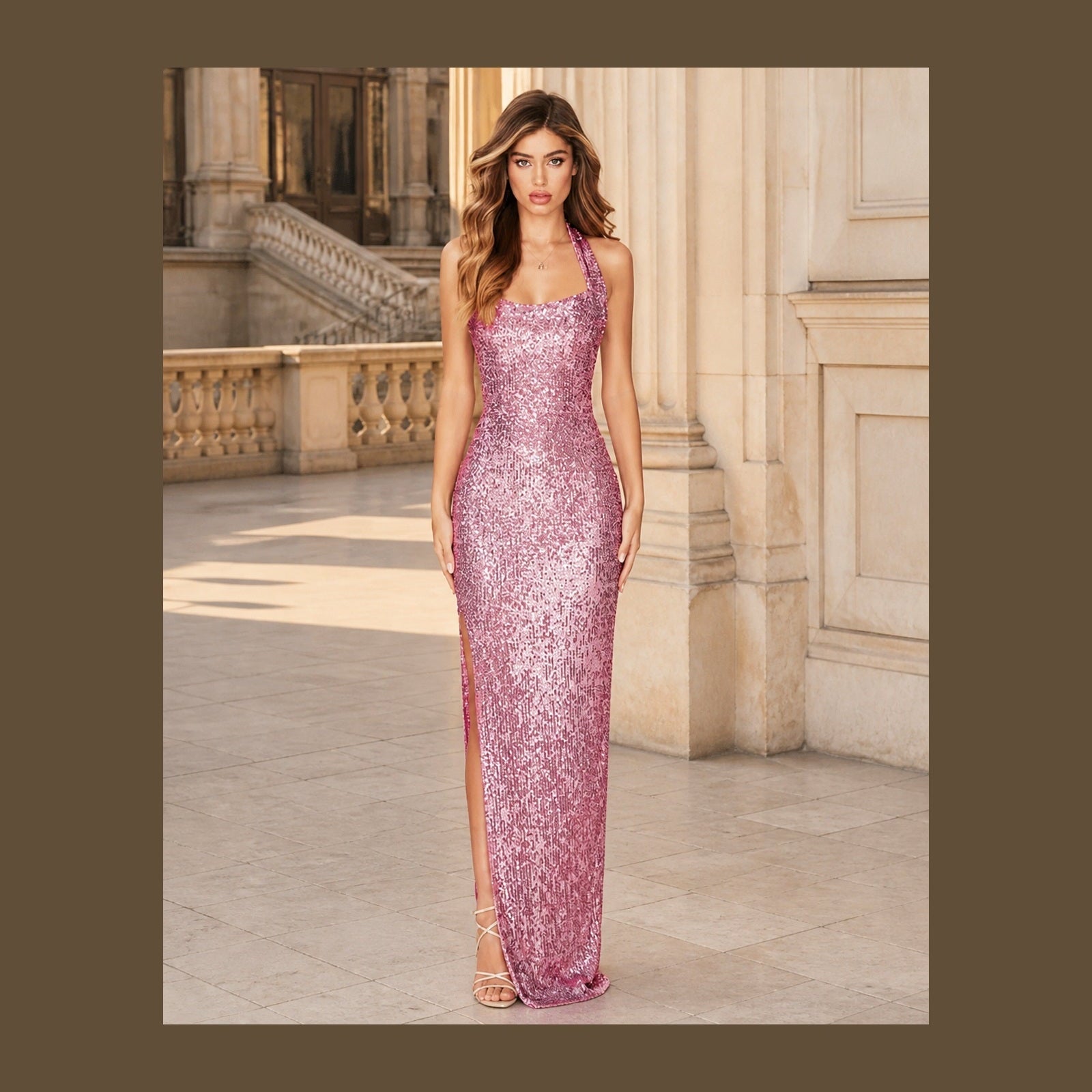 Stela, rochie maxi cu paiete ROZ, vedere frontală integrală în exterior