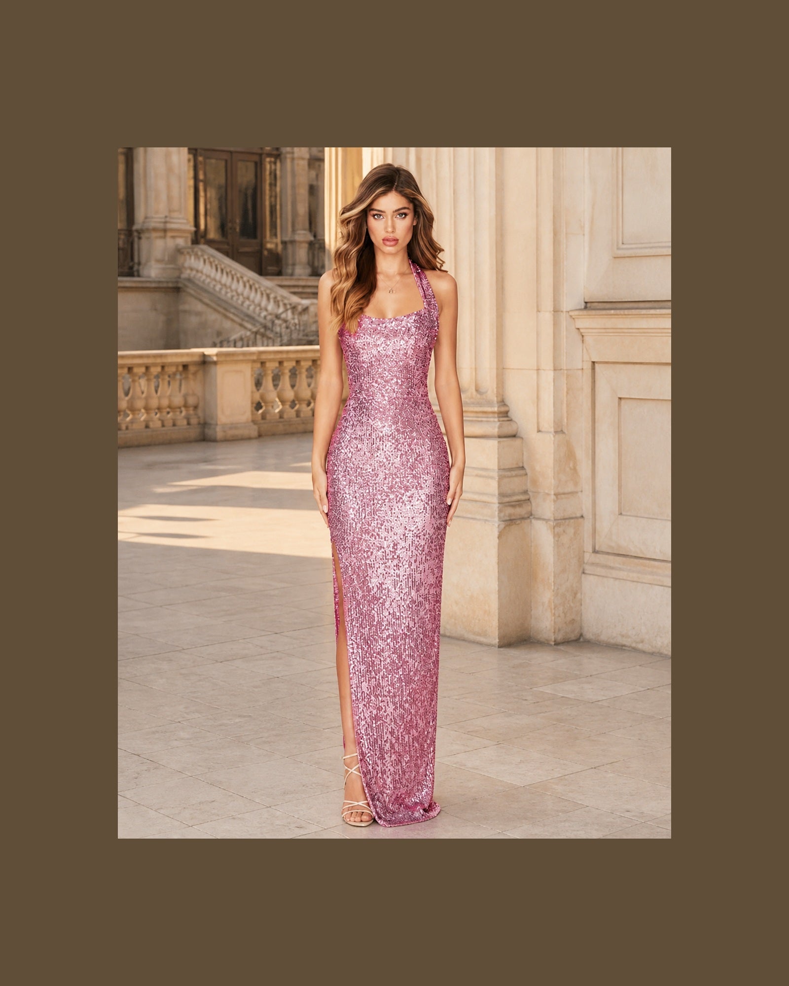 Stela, rochie maxi cu paiete ROZ, vedere frontală integrală în exterior