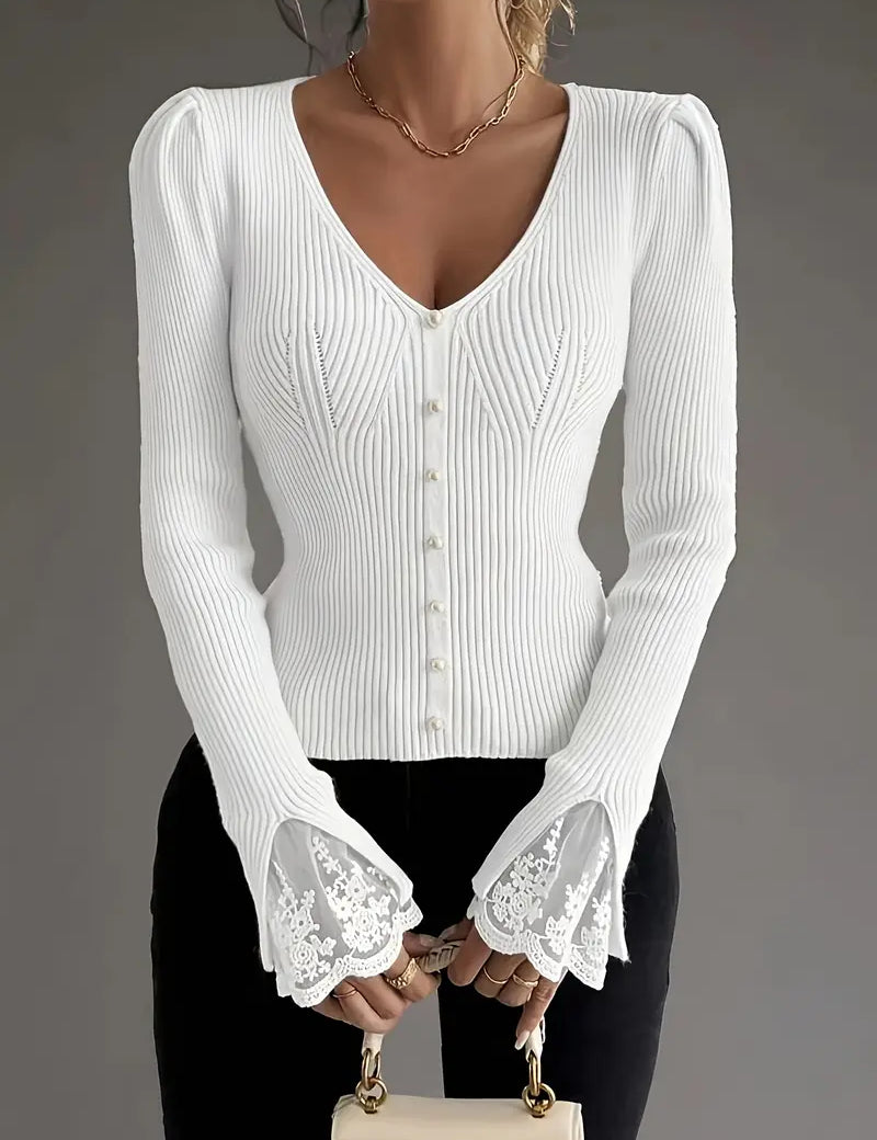 V-neck ribbed top mit Spitze sleeves – Bild 6