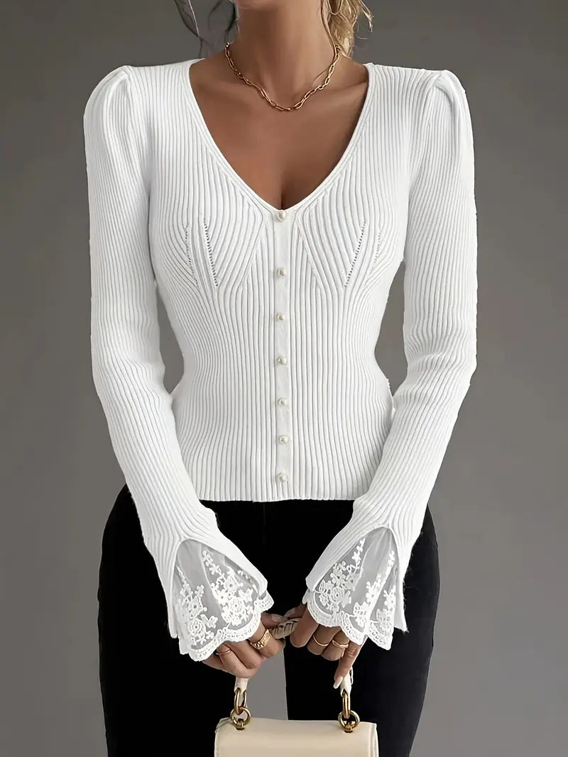 V-neck ribbed top mit Spitze sleeves – Bild 6