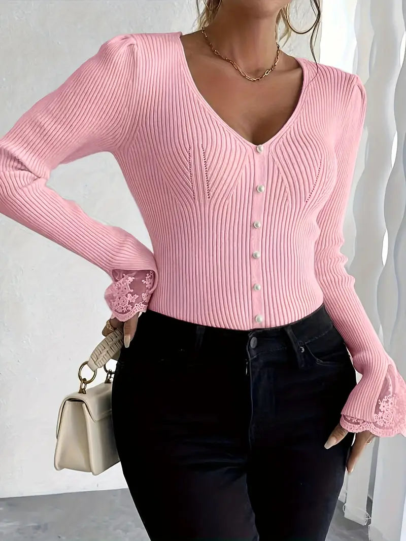V-neck ribbed top mit Spitze sleeves – Bild 5