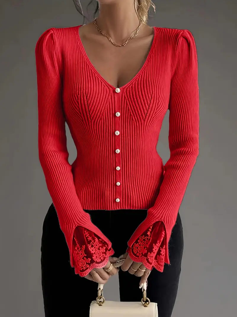V-neck ribbed top mit Spitze sleeves – Bild 10