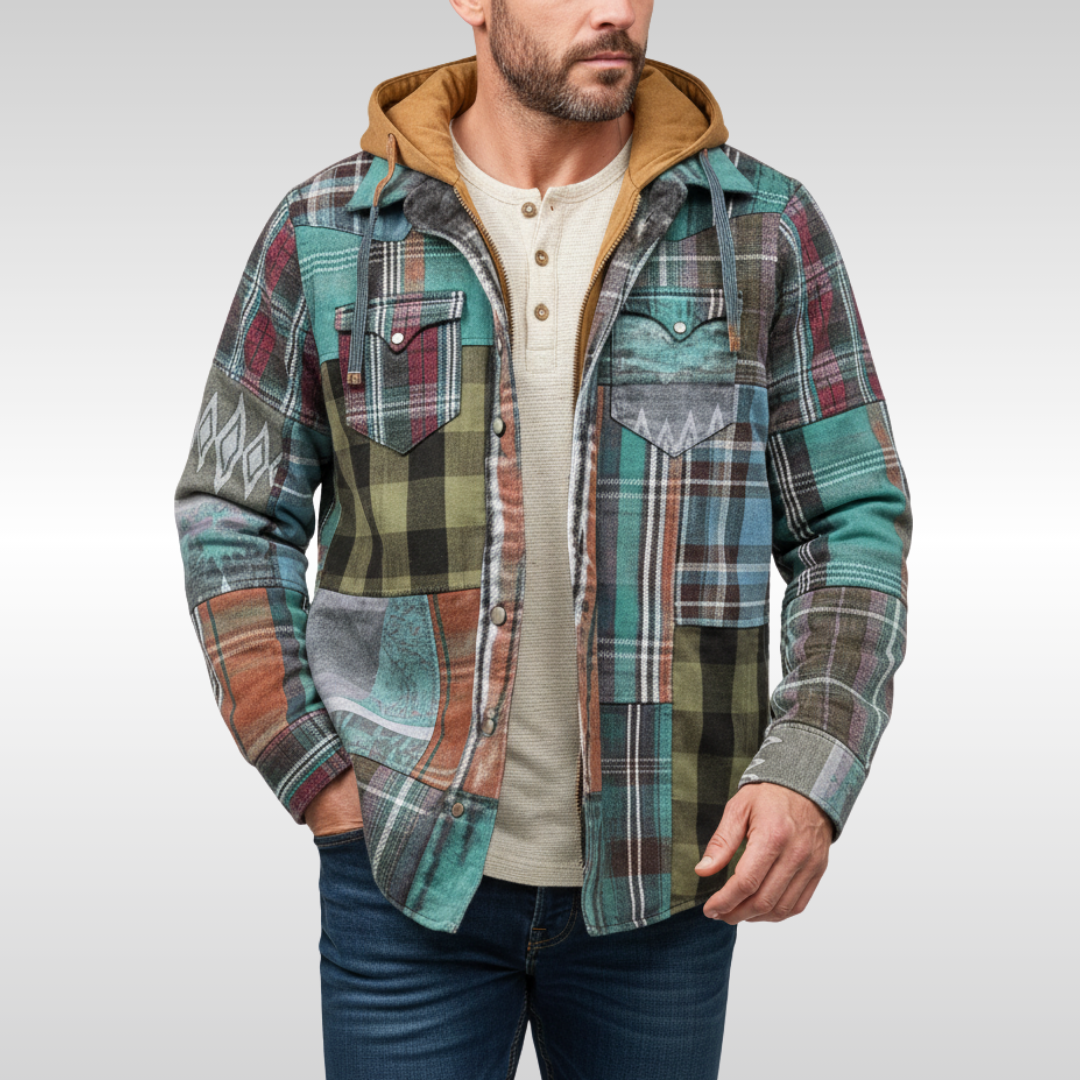 Rowan | Men's plaid jacket with hood, pockets, and buttons Blau