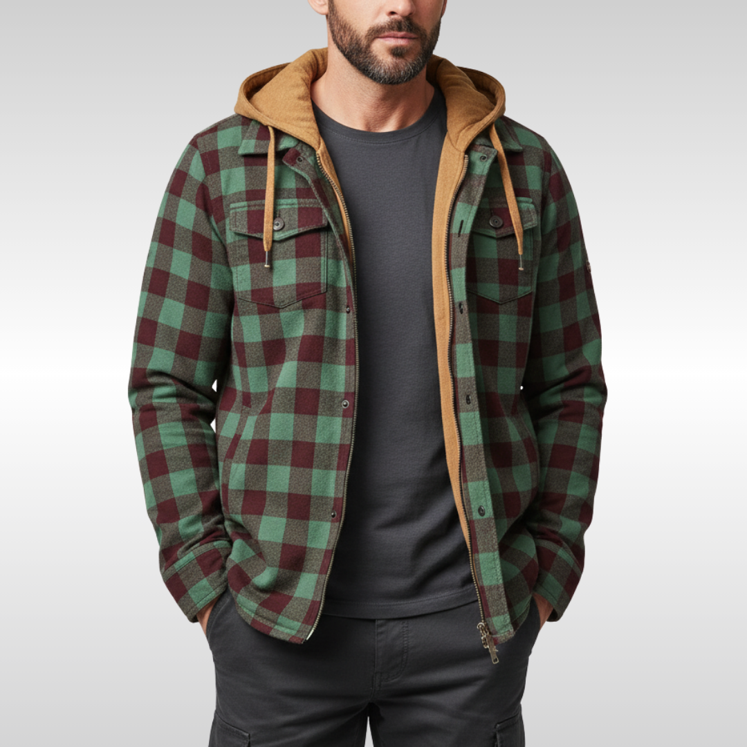 Rowan | Men's plaid jacket with hood, pockets, and buttons Blau