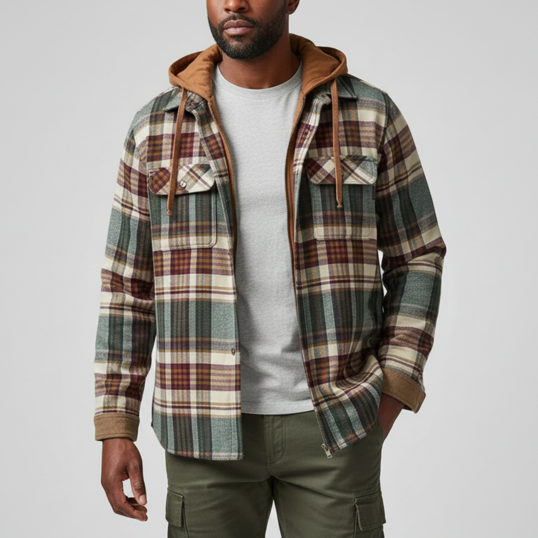 Rowan | Men's plaid jacket with hood, pockets, and buttons Blau