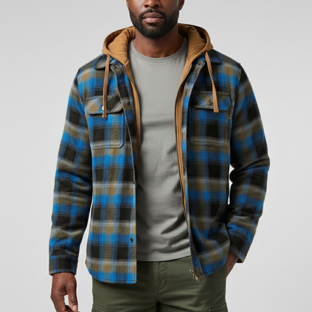 Rowan | Men's plaid jacket with hood, pockets, and buttons Blau