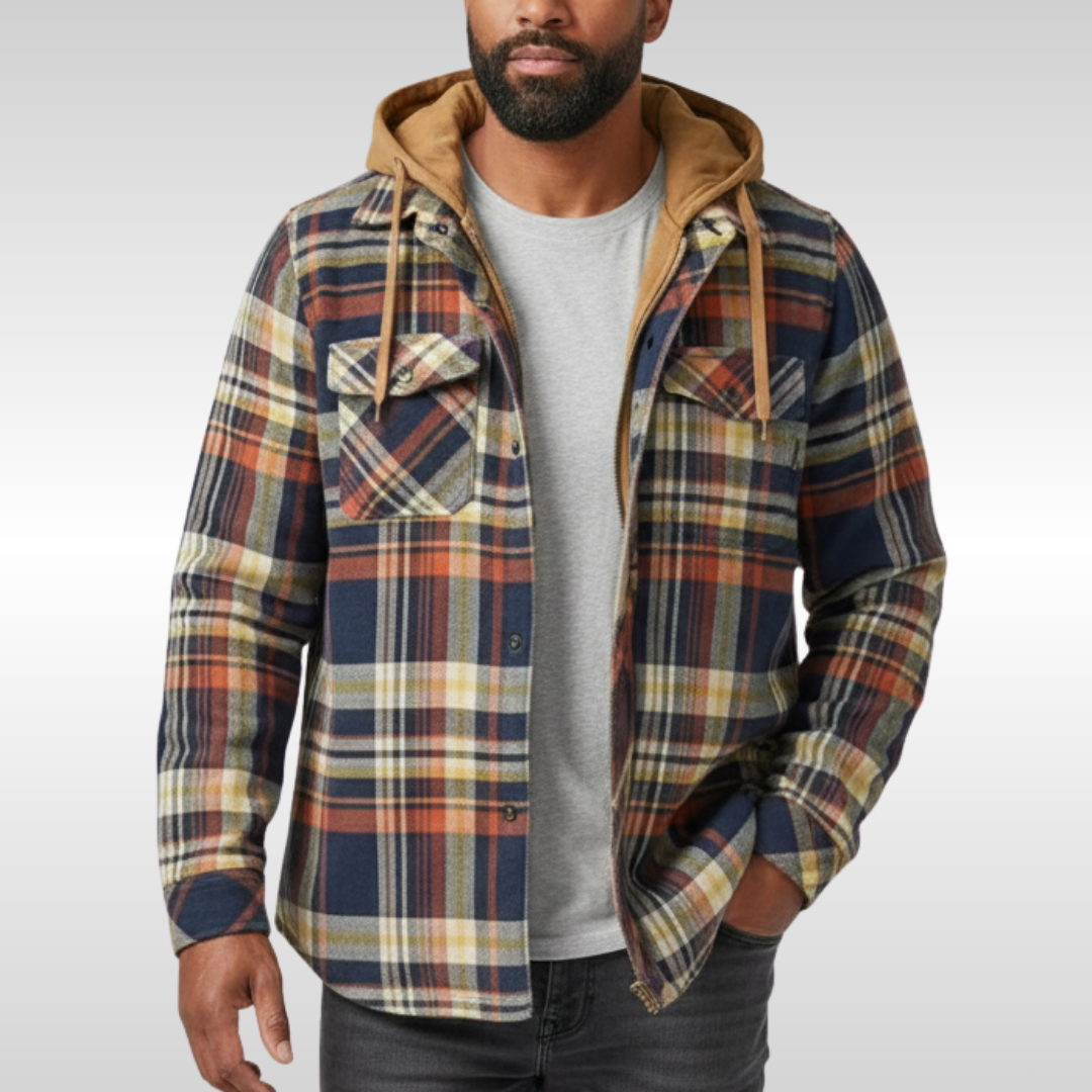 Rowan | Men's plaid jacket with hood, pockets, and buttons Blau