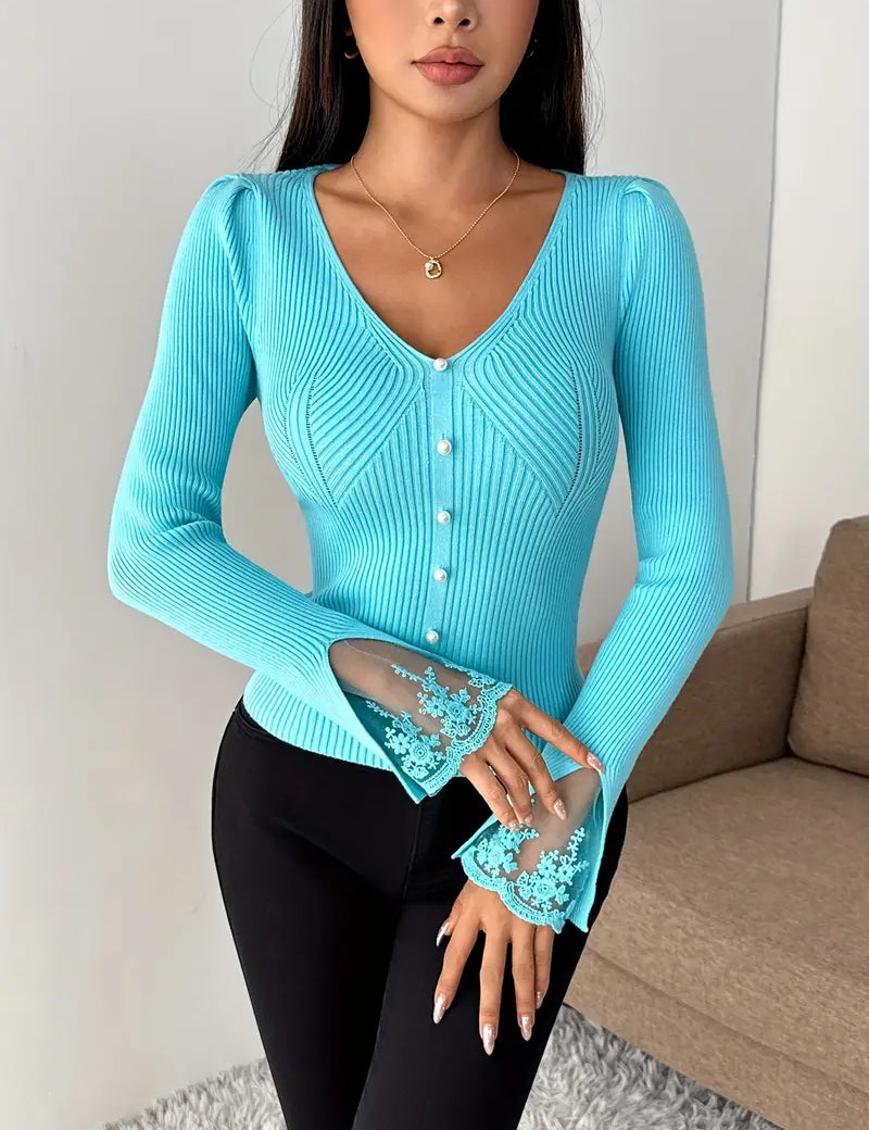 V-neck ribbed top mit Spitze sleeves – Bild 9
