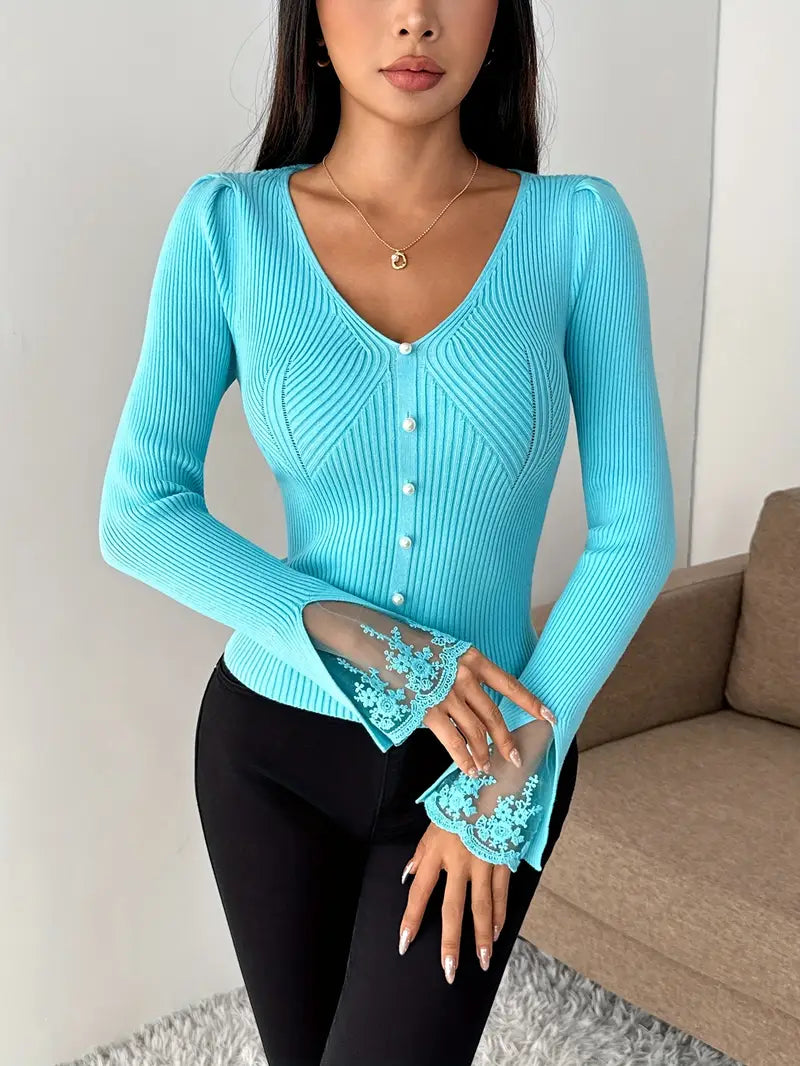 V-neck ribbed top mit Spitze sleeves – Bild 9