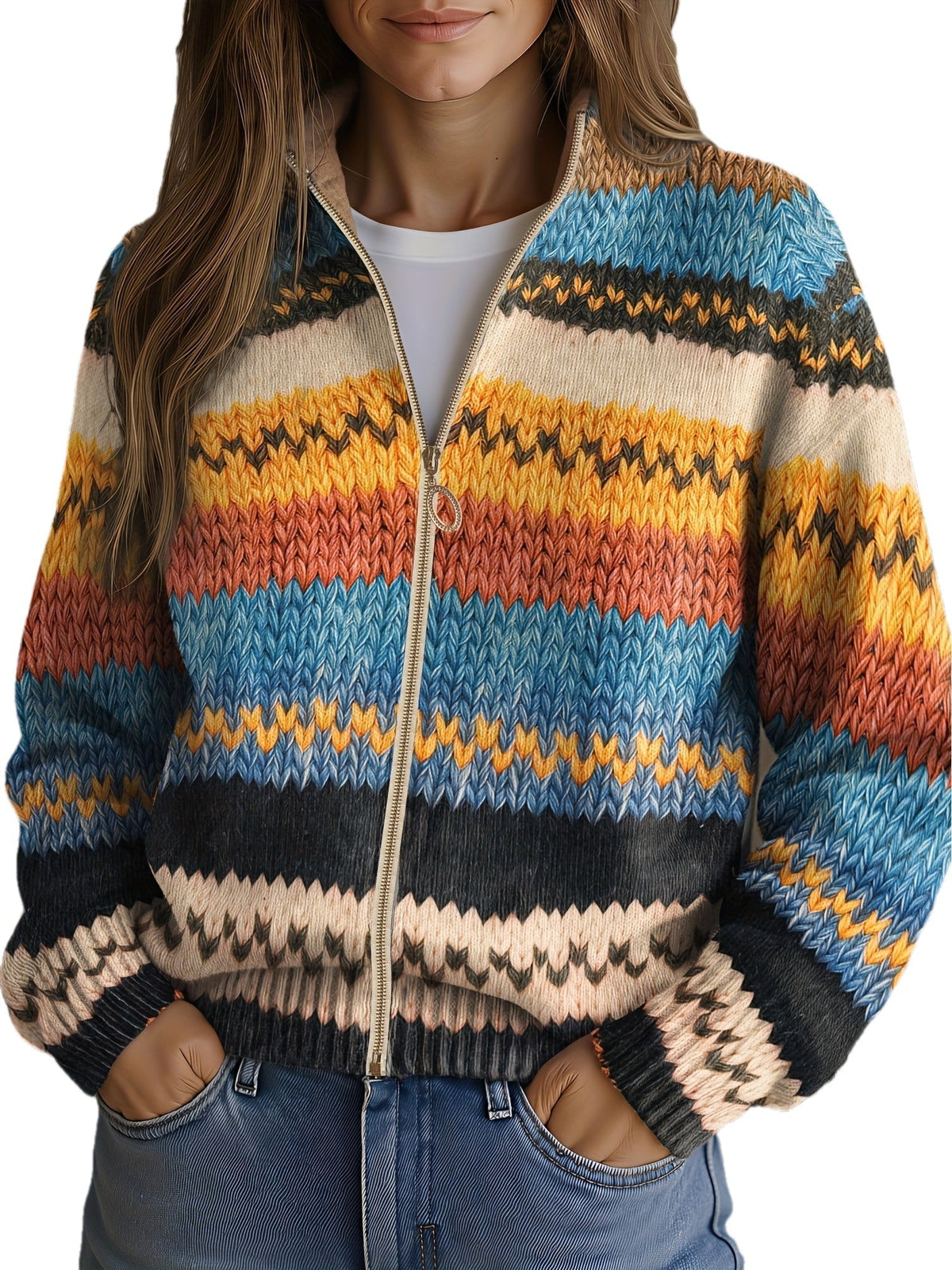 Yseult | Damen Cardigan mit zigzag stripes und a gold-tone Reißverschluss – Bild 2
