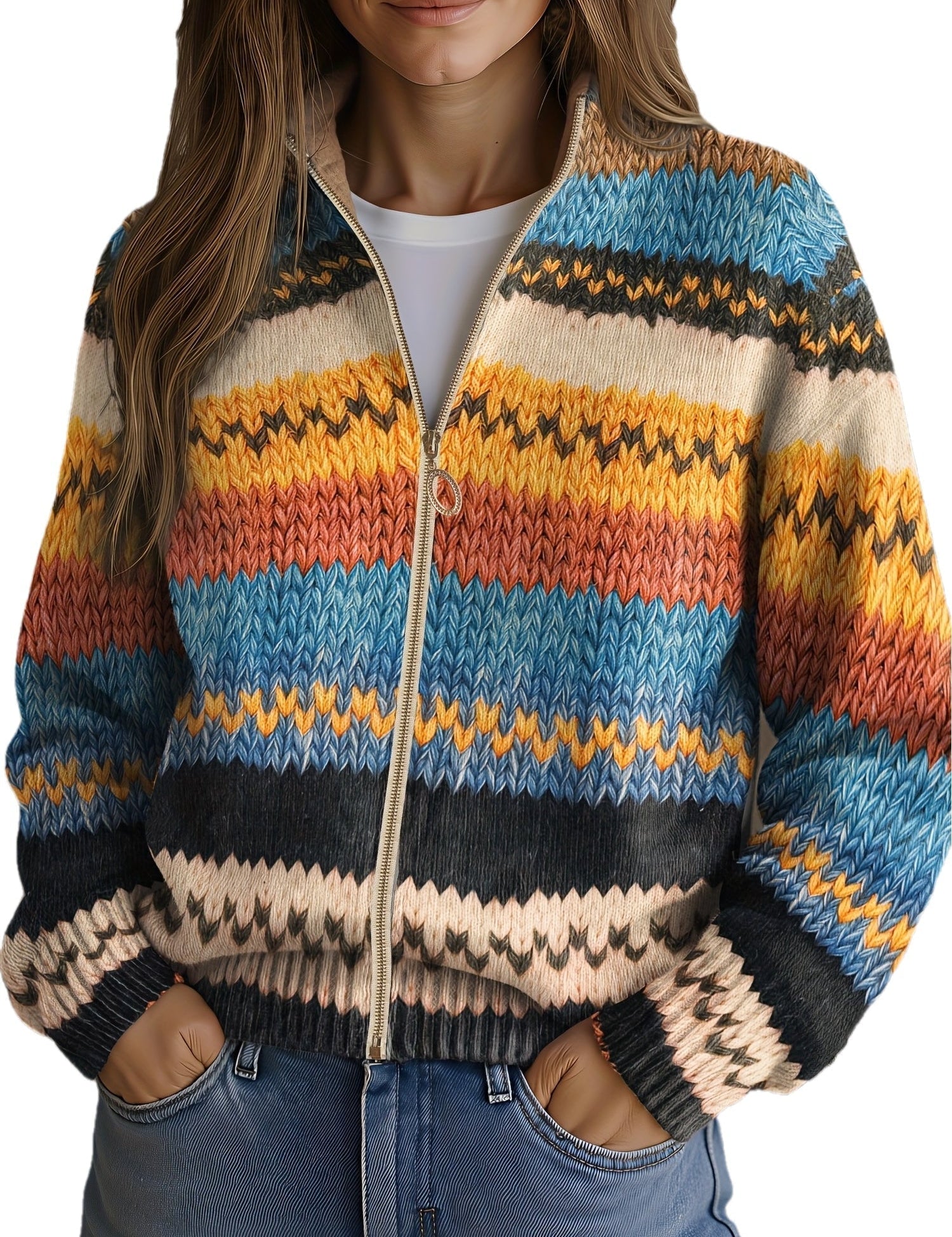 Yseult | Damen Cardigan mit zigzag stripes und a gold-tone Reißverschluss – Bild 2
