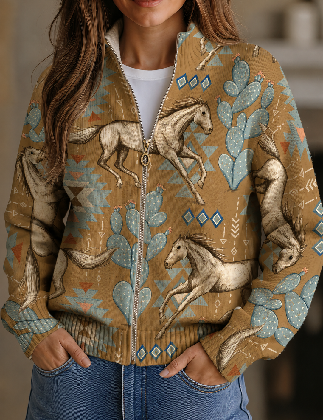 Damen Cardigan mit Southwestern horse und cactus pattern – Bild 1