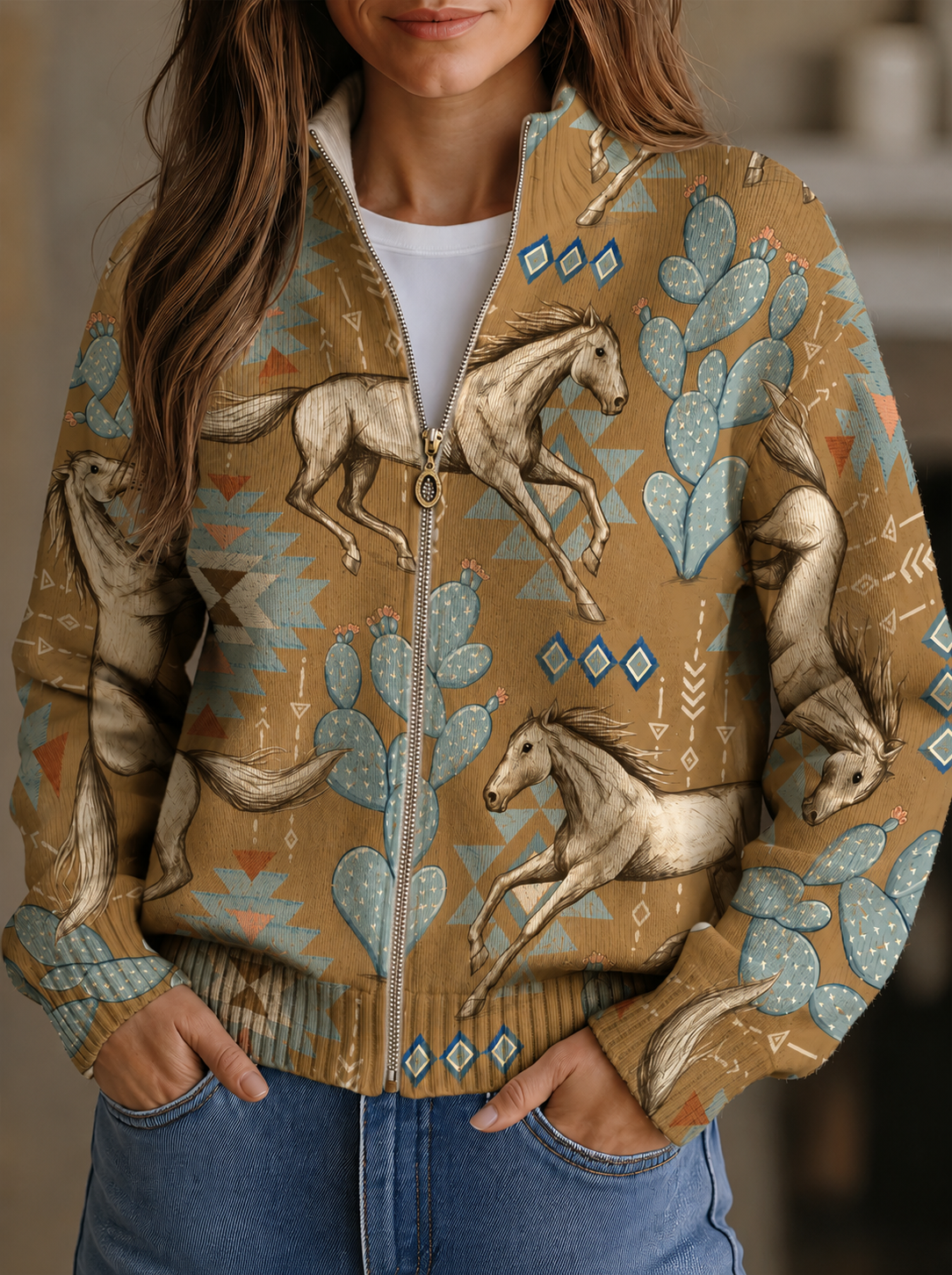 Damen Cardigan mit Southwestern horse und cactus pattern – Bild 1