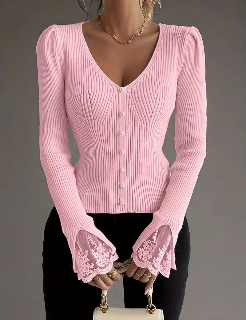 V-neck ribbed top mit Spitze sleeves – Bild 1