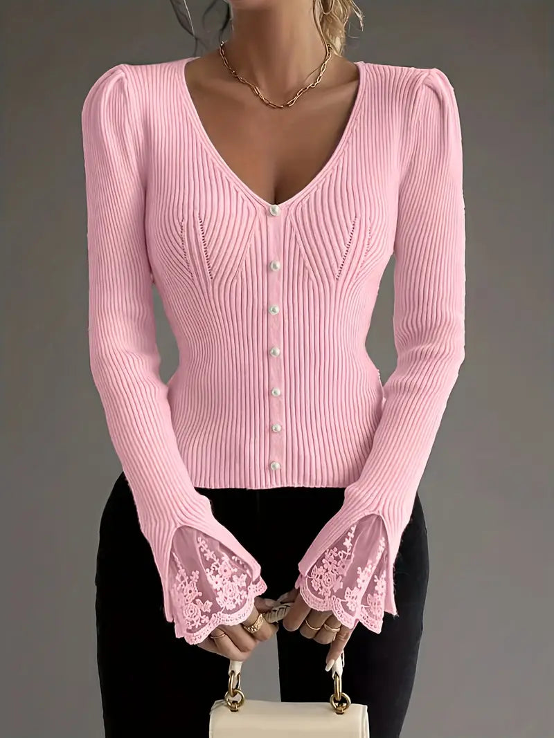 V-neck ribbed top mit Spitze sleeves – Bild 1