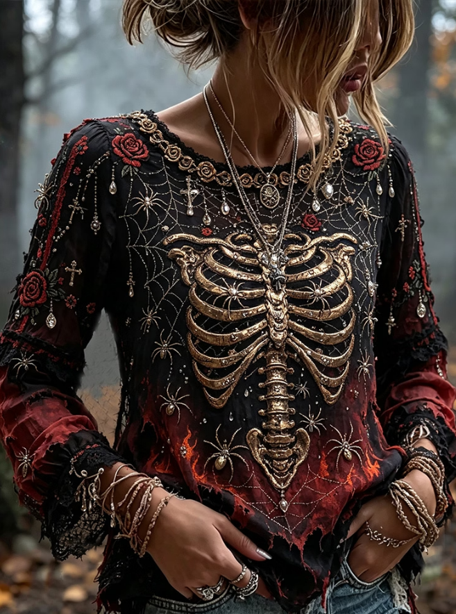 Lena | Oberteil mit Spinnenmotiv und Totenkopfmotiv – Produktansicht 1