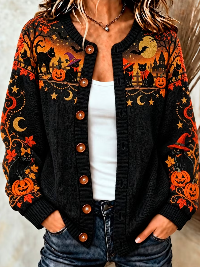 Leona | Strickjacke mit Kürbismotiv und Katzenmotiv – Produktansicht 2