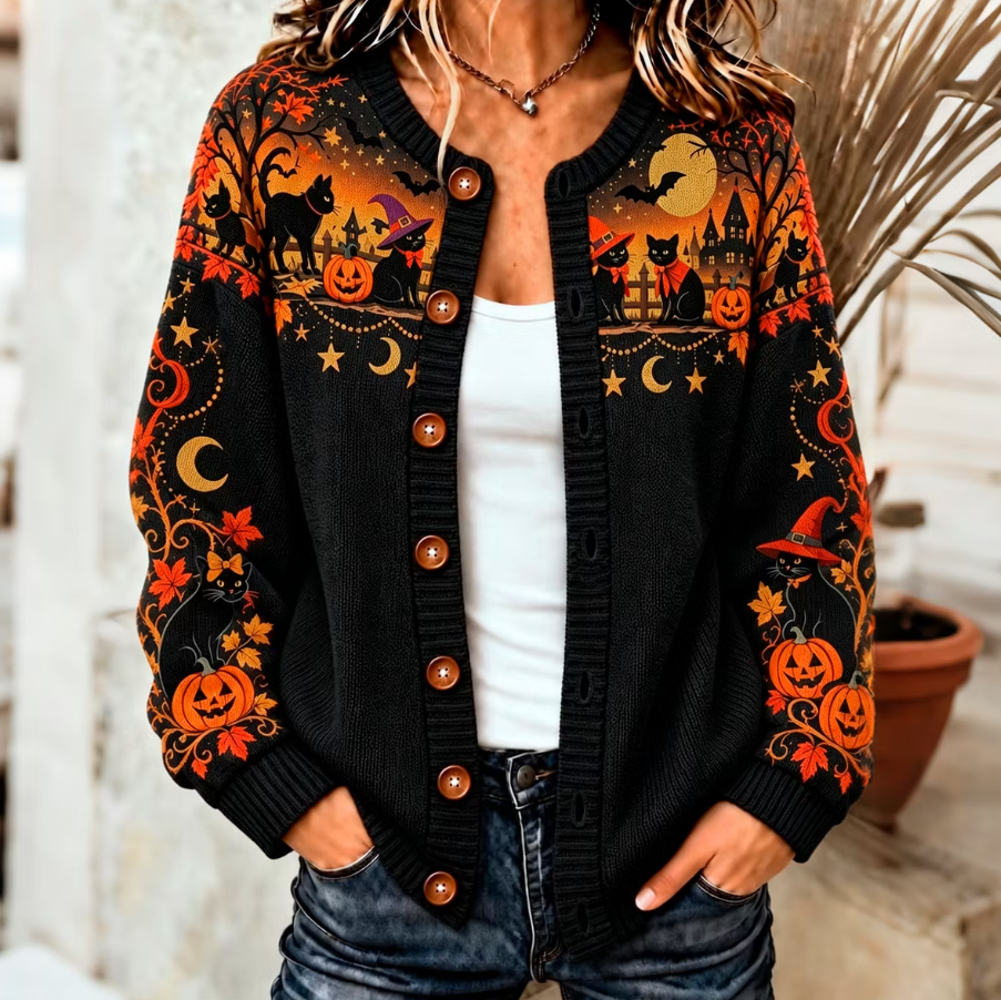 Leona | Strickjacke mit Kürbismotiv und Katzenmotiv – Produktansicht 1