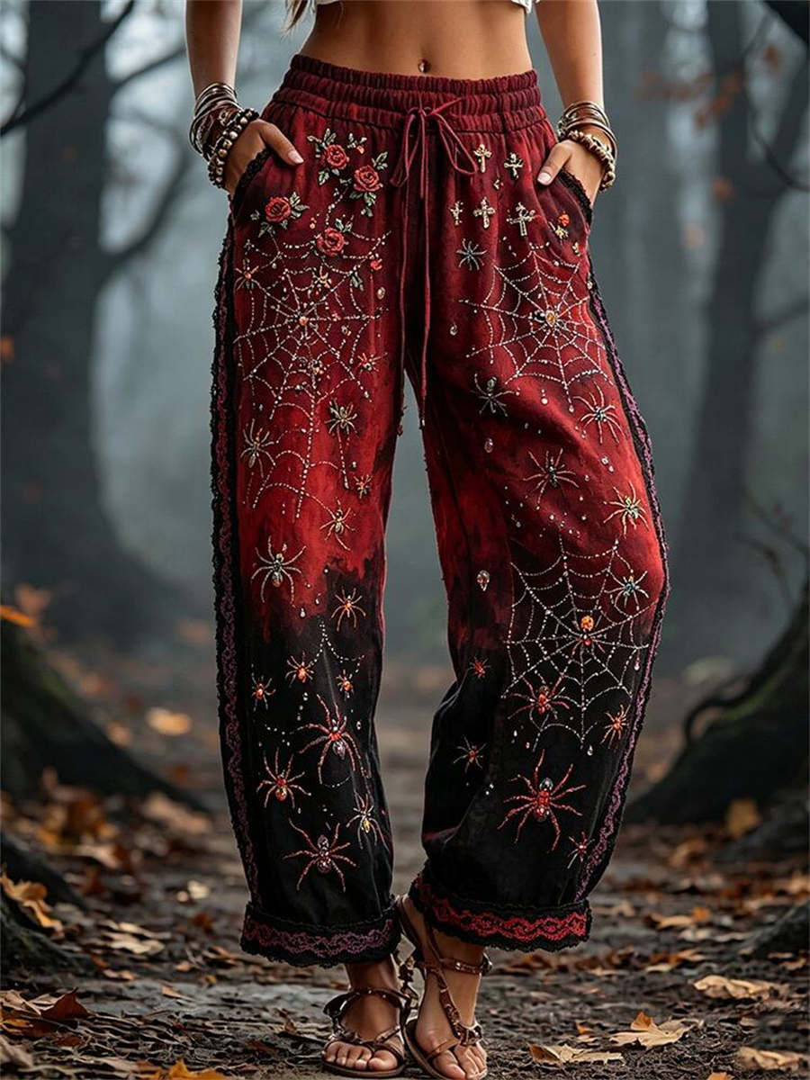 Holly | Hose mit Spinnennetzmotiv und Blumenmotiv – Produktansicht 1