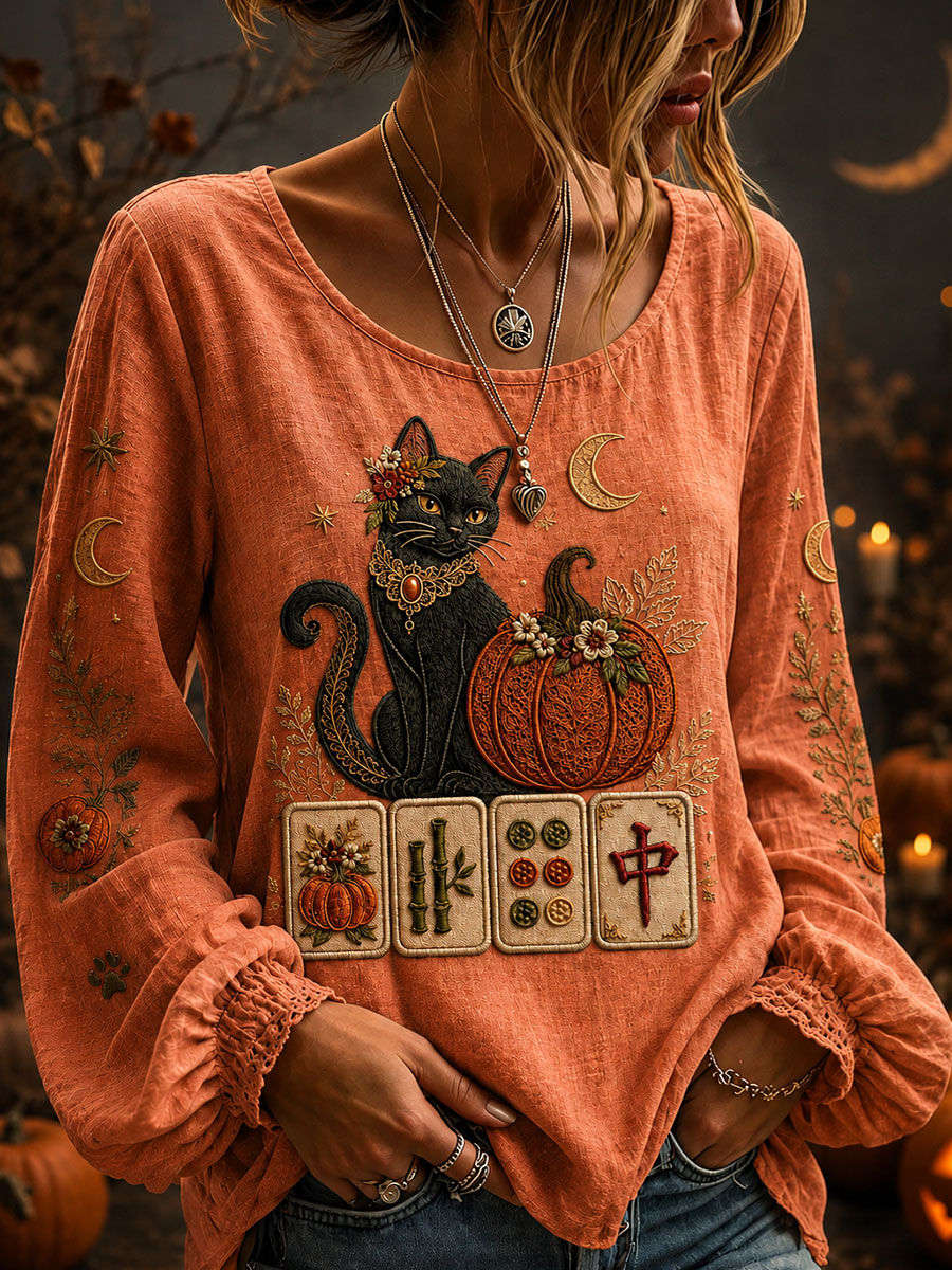 Alma | Bluse mit Kürbismotiv, Katzenmotiv und Mahjongmotiv – Produktansicht 1