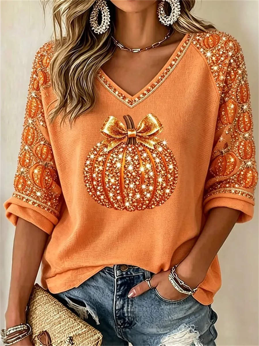 Olivia | Bluse mit Kürbismotiv und Schleifenmotiv – Produktansicht 1