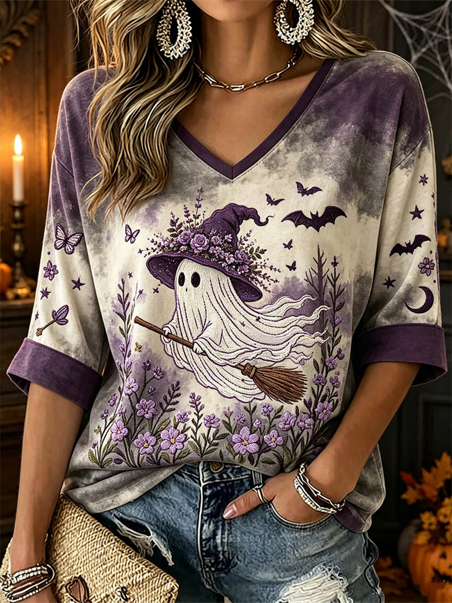 Alessandra | Bluse mit Geistermotiv, Hexenmotiv und Blumenmotiv – Produktansicht 1