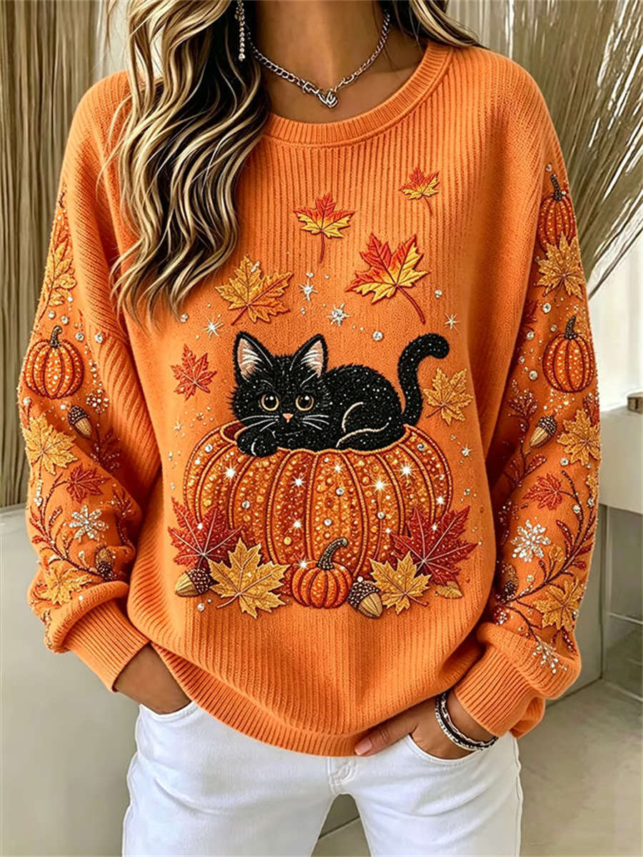 Luna | Sweatshirt mit Kürbismotiv, Katzenmotiv und Blättermotiv – Produktansicht 1