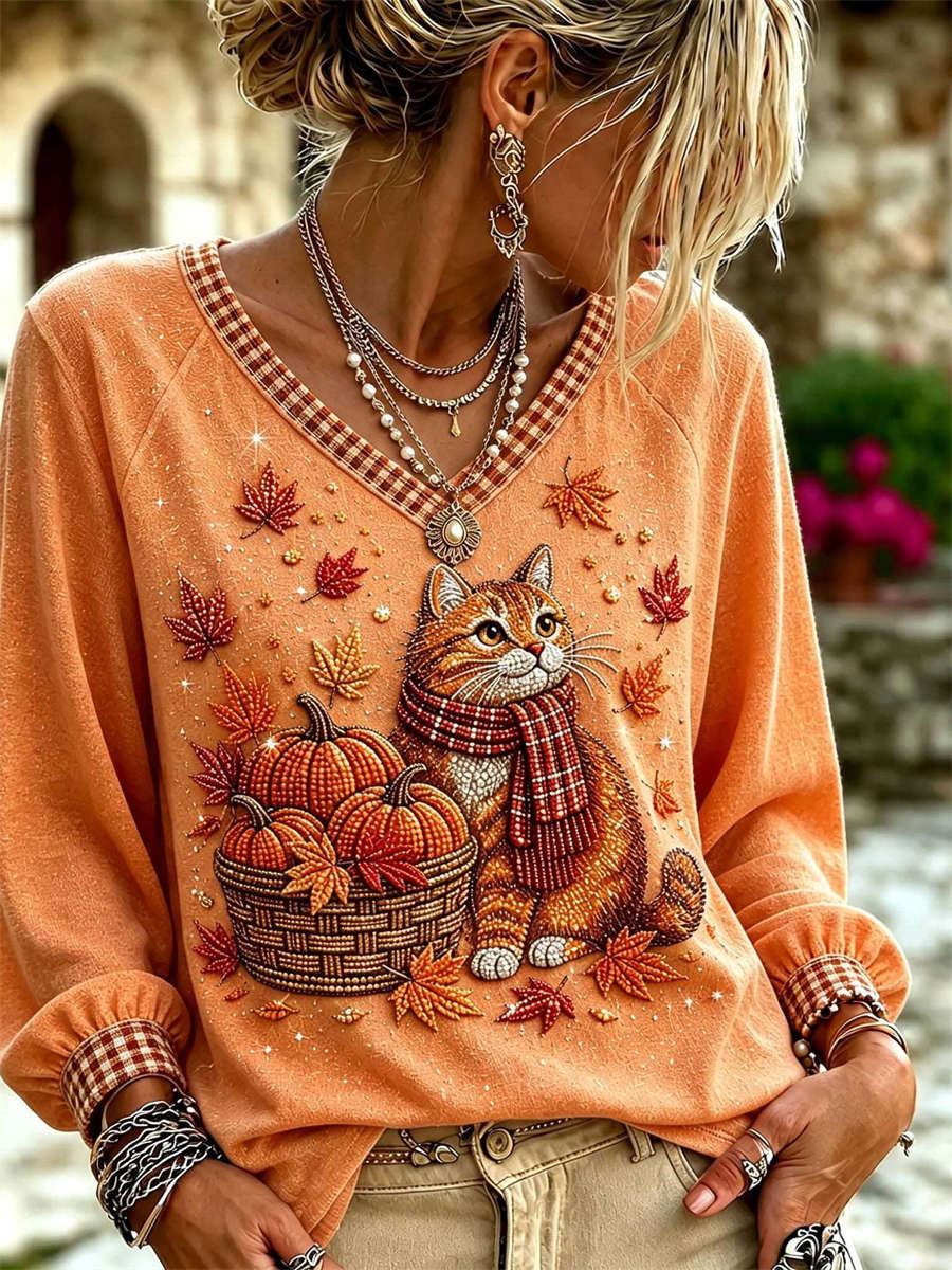 Bianca | Oberteil mit Kürbismotiv, Katzenmotiv und Blättermotiv – Produktansicht 1