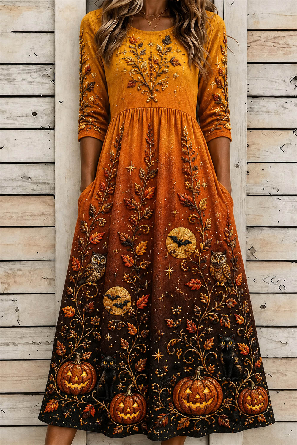 Phoebe | Midikleid mit Kürbismotiv, Katzenmotiv und Eulenmotiv – Produktansicht 1