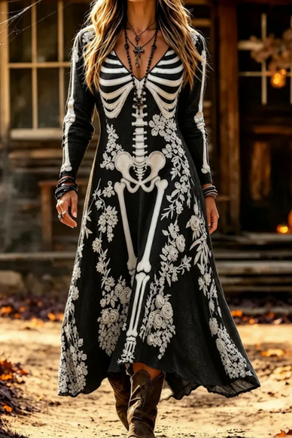 Adelaide | Midikleid mit Skelettmotiv und Blumenmotiv – Produktansicht 1