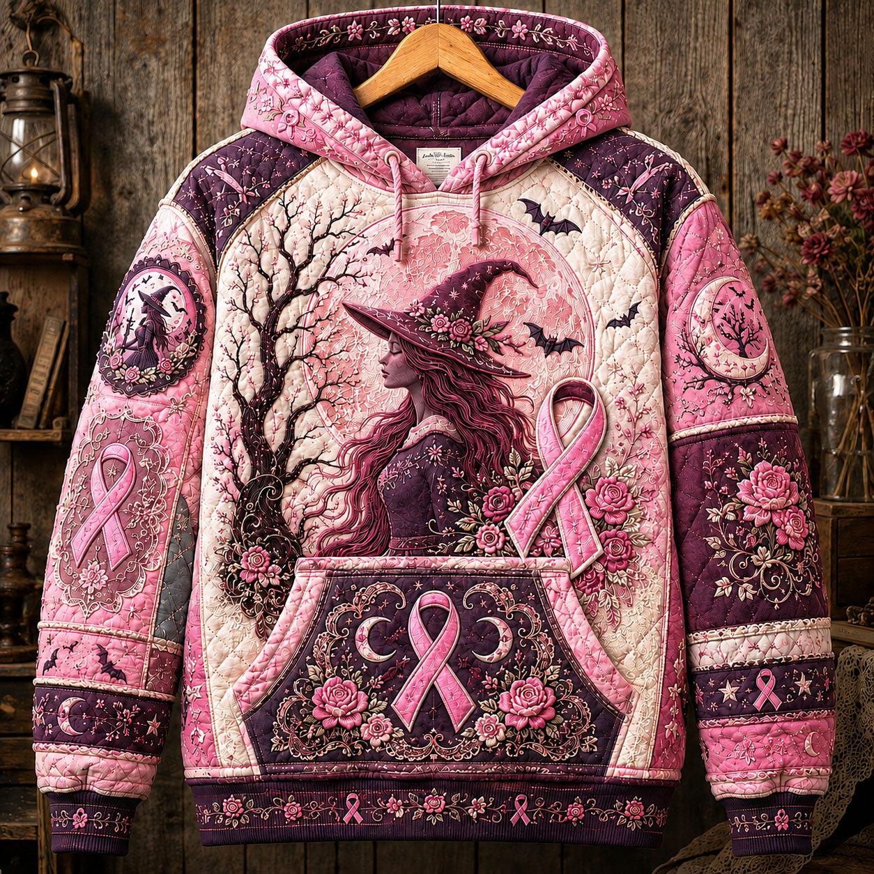 Hoodie mit Hexe und rosa Schleife – Produktansicht 1