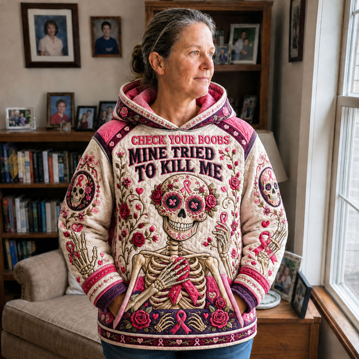 Hoodie mit Skelett und rosa Schleife – Produktansicht 1